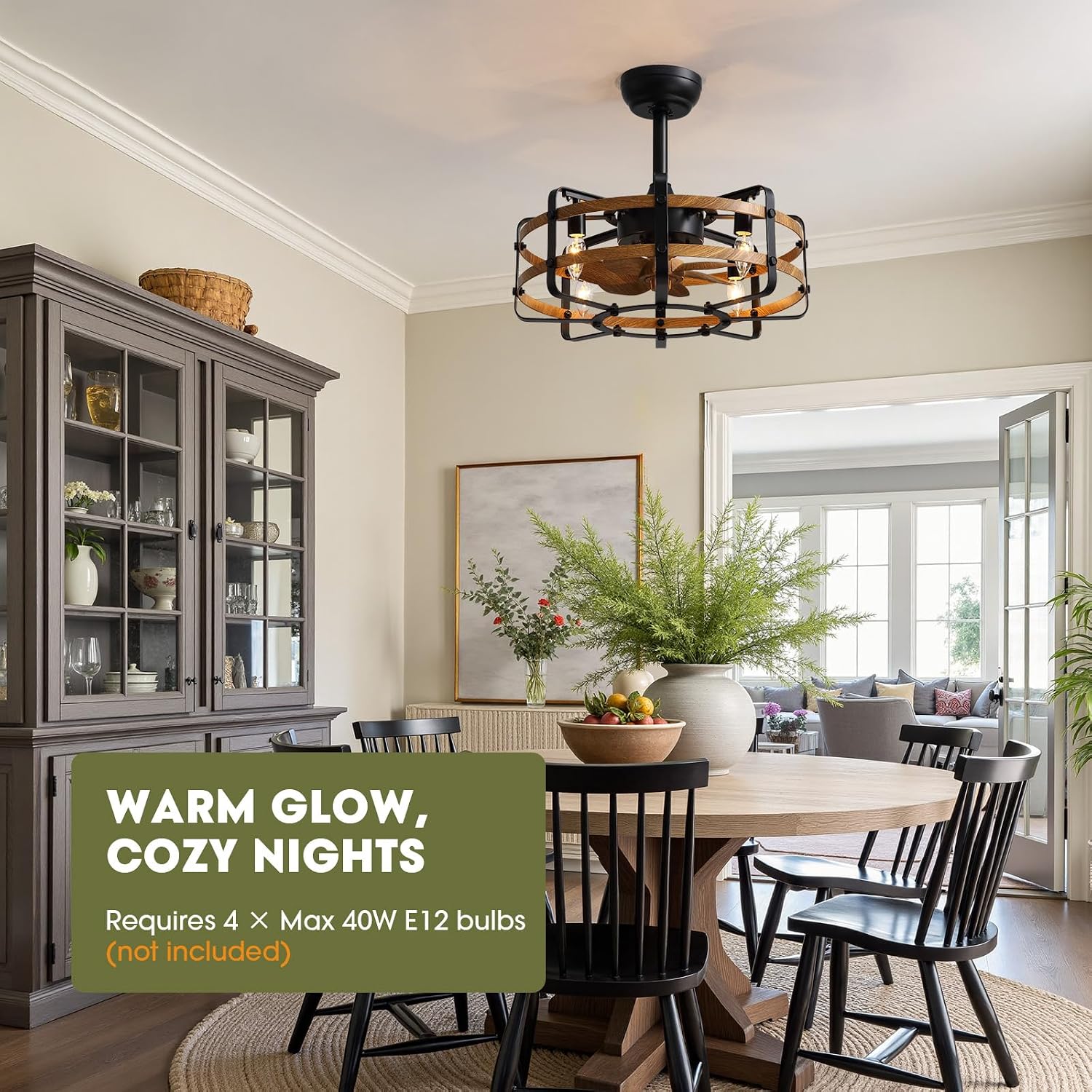 Caged Ceiling Fans with Light Farmhouse, 21 Inch Flush Mount Vintage Fandelier Rustic Chandeliers Ceiling Fan Remote for Bedroom, Kitchen, Living Room, Dining Room (Wood)