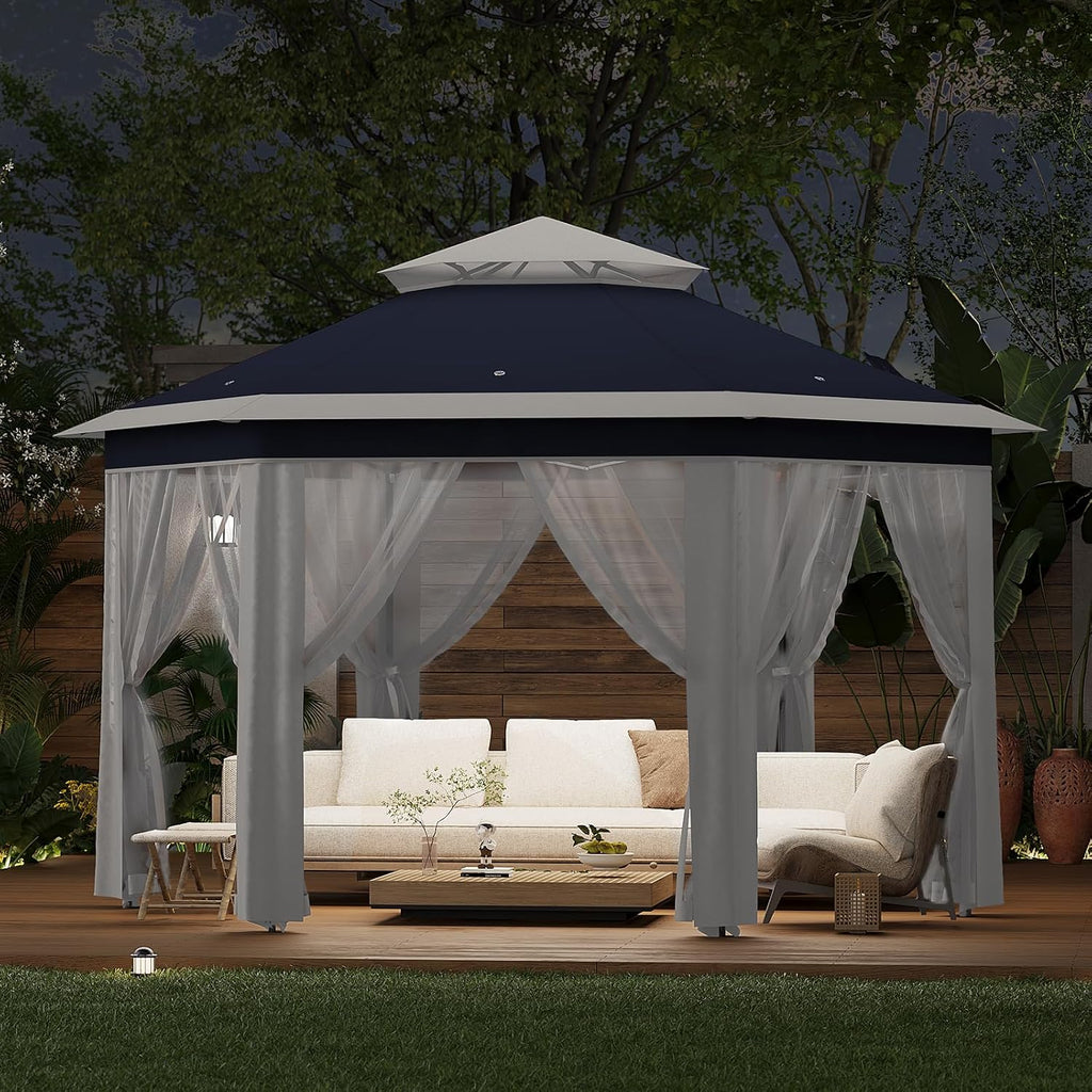Pop-Up Gazebo 13 * 13 ft 6 Sided, Canopy Tent with Mesh Windows & Portable Carry Bag, Adjustable Tent Outdoor Pergola for Backyard & Patio Furniture (Blue)