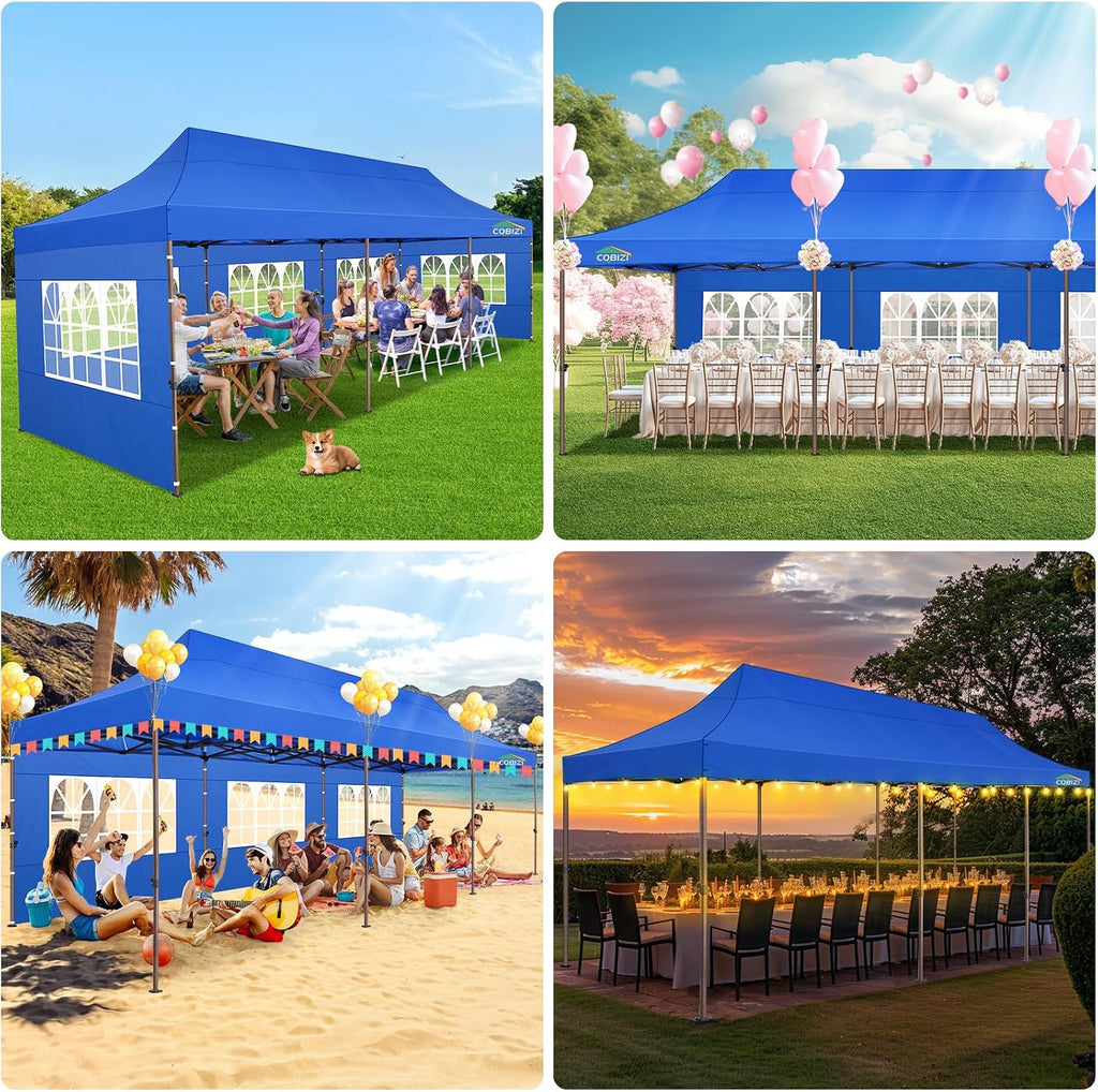 COBIZI 10x30 Pop Up Heavy Duty Canopy with 8 Sidewalls and Hexagonal Legs, Easy up Tent for Party, Wedding and Commercial, Outdoor Canopy with Roller Bag, Sand Bags, Waterproof & UPF50+ (Blue)