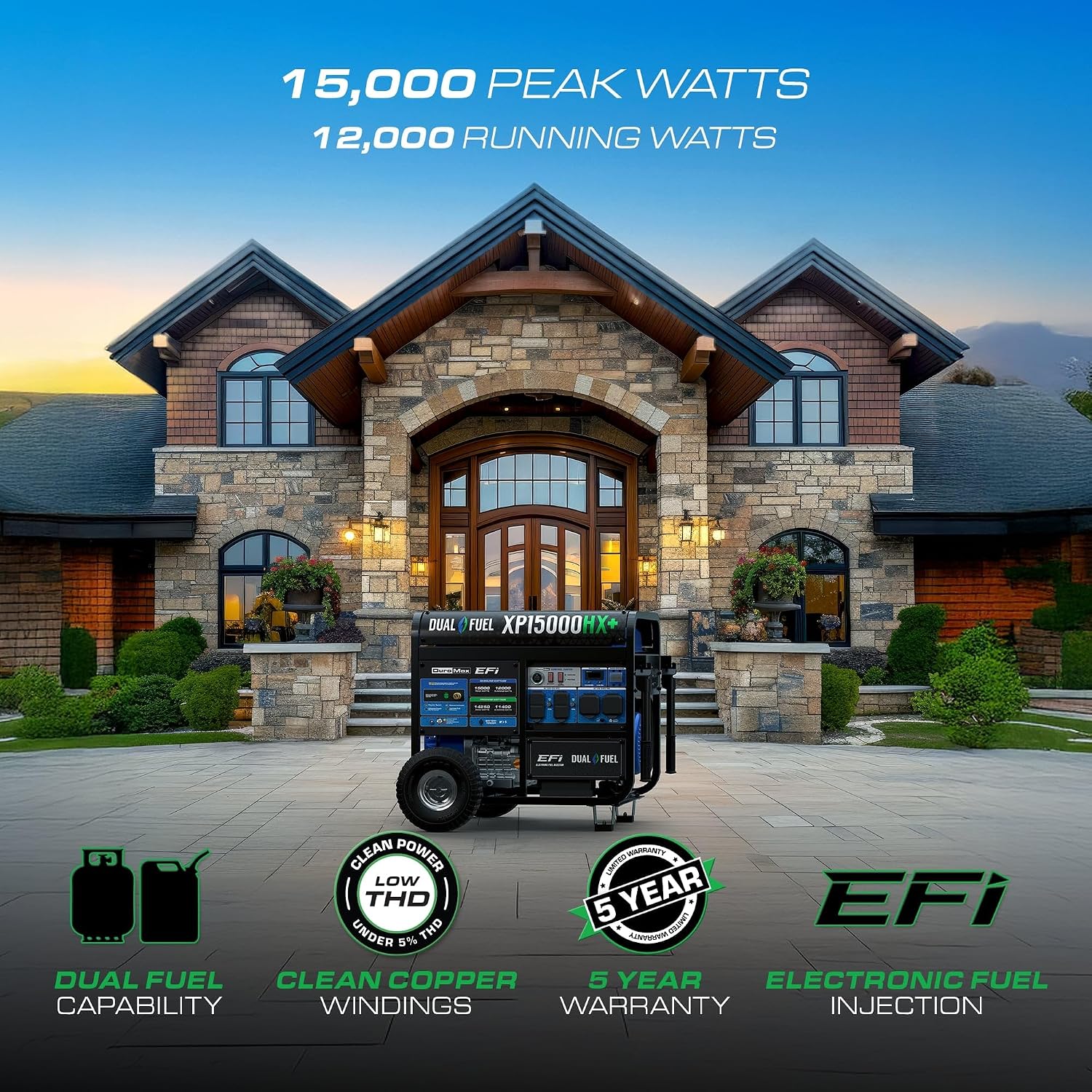 DuroMax XP15000HX+ 15,000-Watt Electric Start Dual Fuel EFI Portable Generator