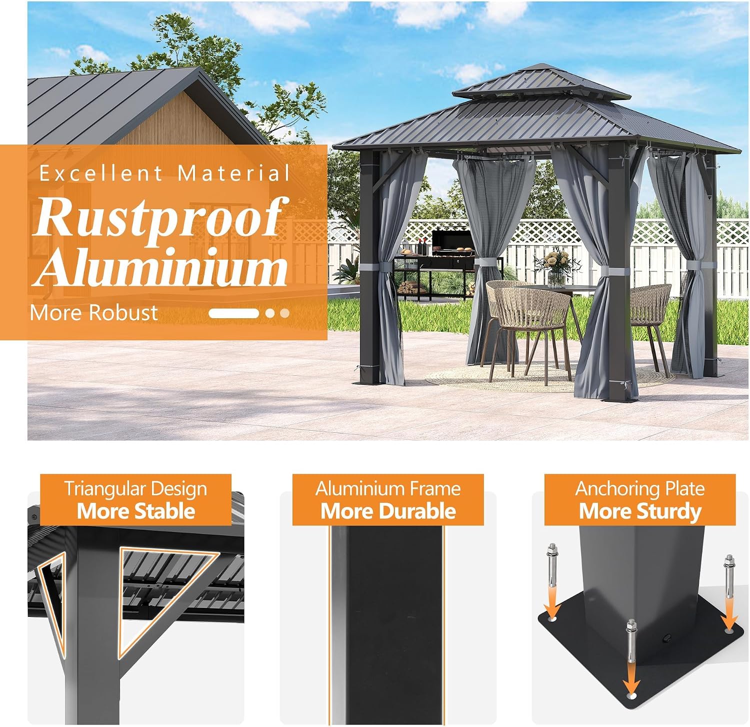 GARTOO 8.5x8.5FT Outdoor Hardtop Gazebo - Aluminum Heavy-Duty Steel Top Gazebo with Breathable Netting & Privacy Curtain, Double Roof Gazebos for Patio, Porch, Garden, Lawn, Deck, Backyard