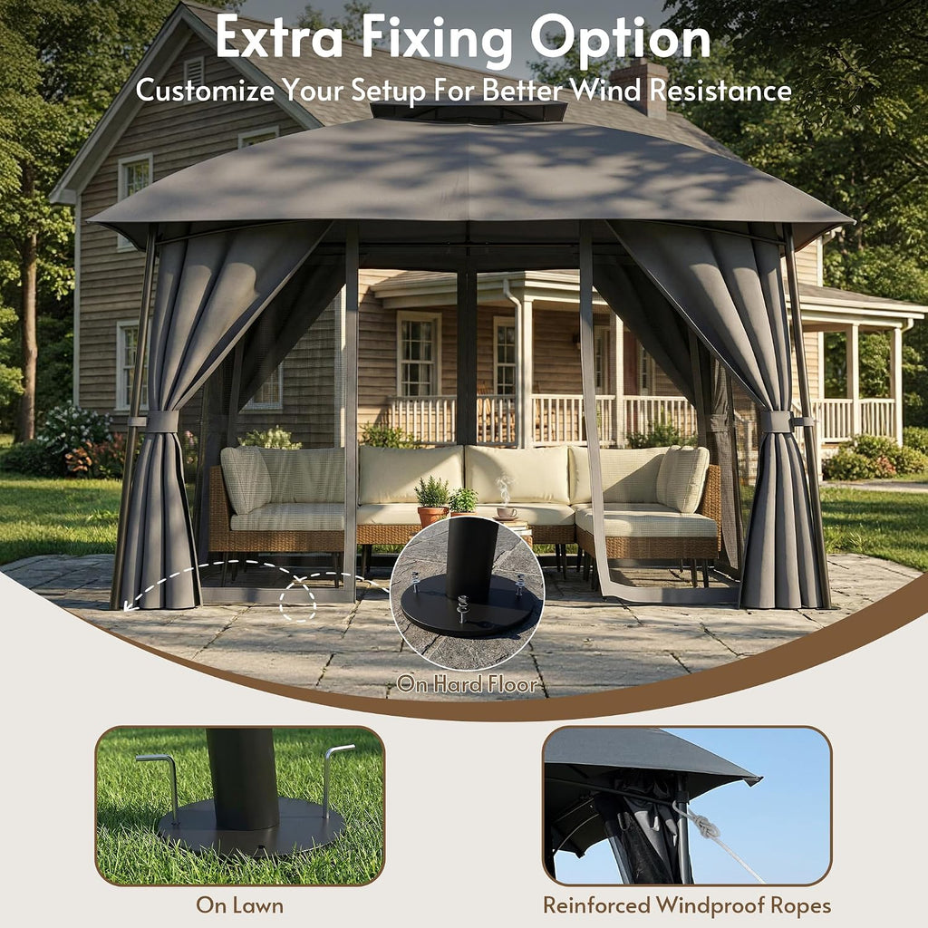Outdoor Patio Gazebo 10x12 with Solar Powered LED Light, Heavy Duty Metal Frame Canopy Tent Shelter with Double Roof Design, Patio Gazebo with Mosquito Nettings and Privacy Screens for Patio