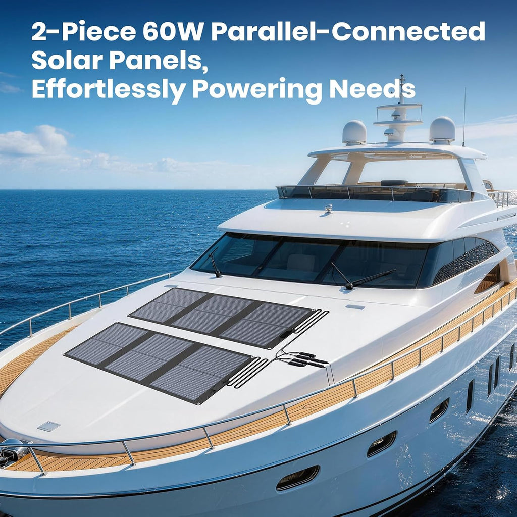 FlexSolar 120W (2-Pack 60W) N-Type Solar Panel, 25% High Efficiency, IP67 Waterproof, Half-Cut Cell, Lightweight Parallel Charger for RV, Camping, Off-Grid & Portable Power Station