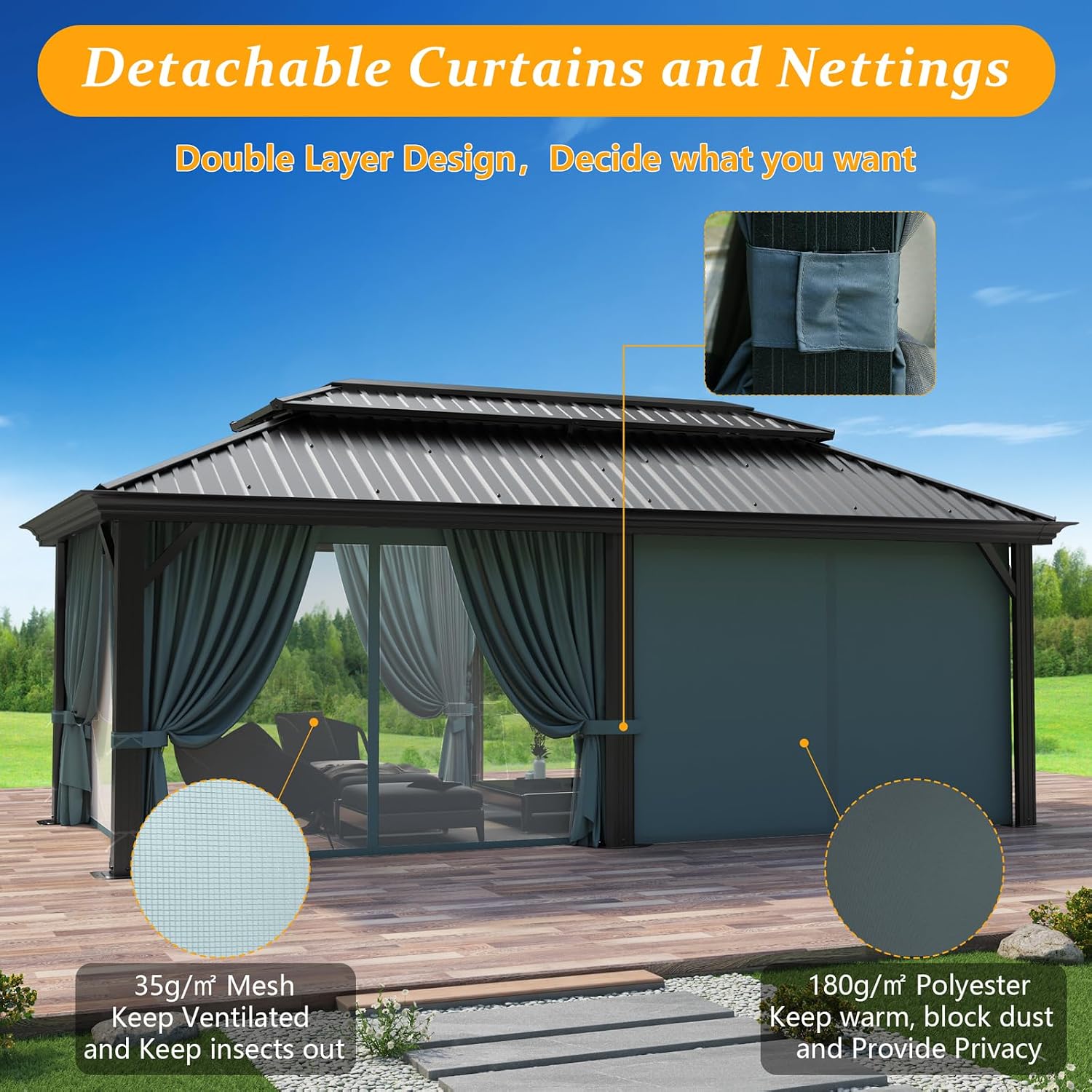 HOTEEL 12x20 Gazebo with Metal Roof Heavy Duty Hardtop Gazebo with Flame-Retardant Curtain & Netting, Hot Tub Gazebos with Galvanized Steel Double Roof, Outdoor Canopy for Patio (2025 Upgraded)