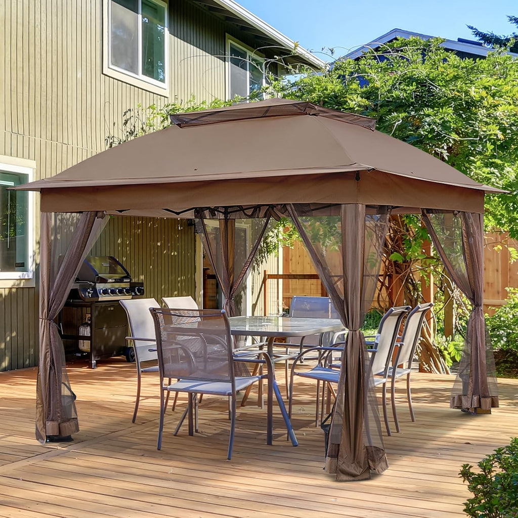 EAGLE PEAK 11x11 Pop Up Gazebo with Mesh Netting, Easy Up Screened Canopy for Patio and Backyard, Easy Set up Outdoor Gazebo (Brown)