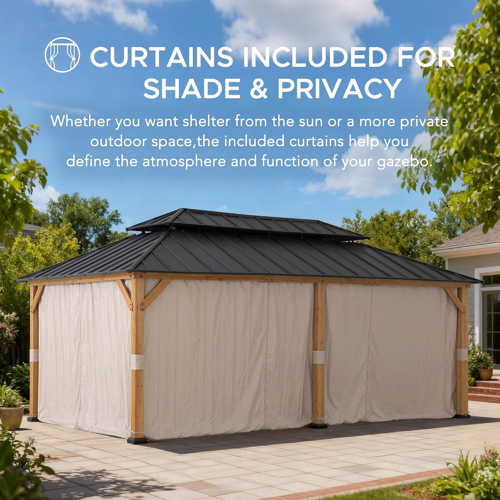 SUNJOY 12x20 Hardtop Wood Gazebo with Galvanized Steel Roof and Curtains, Outdoor Permanent Pavilion Cedar Gazebo for Backyard, Garden, Patio, Deck, Lawn