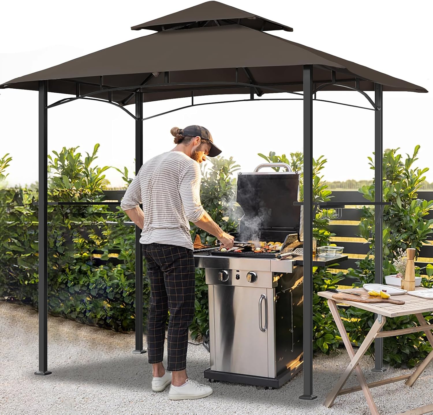 Crownland Outdoor Grill Gazebo Double Soft Top BBQ Canopy for Outdoor Barbeque Grill Tent for Patio, Garden, and Backyard(Dark Brown)
