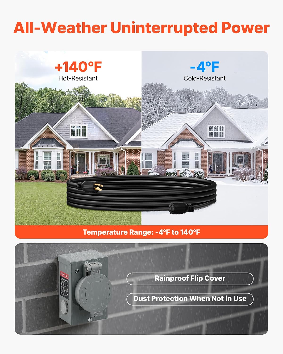 VEVOR 30 Amp Generator Cord and Power Inlet Box, 75 FT, 125/250V NEMA L14-30P to L14-30R Heavy Duty Extension Power Cord, SJTW 10 Gauge 7500W, Pre-Drilled Inlet Box, for Generator to House, ETL Listed