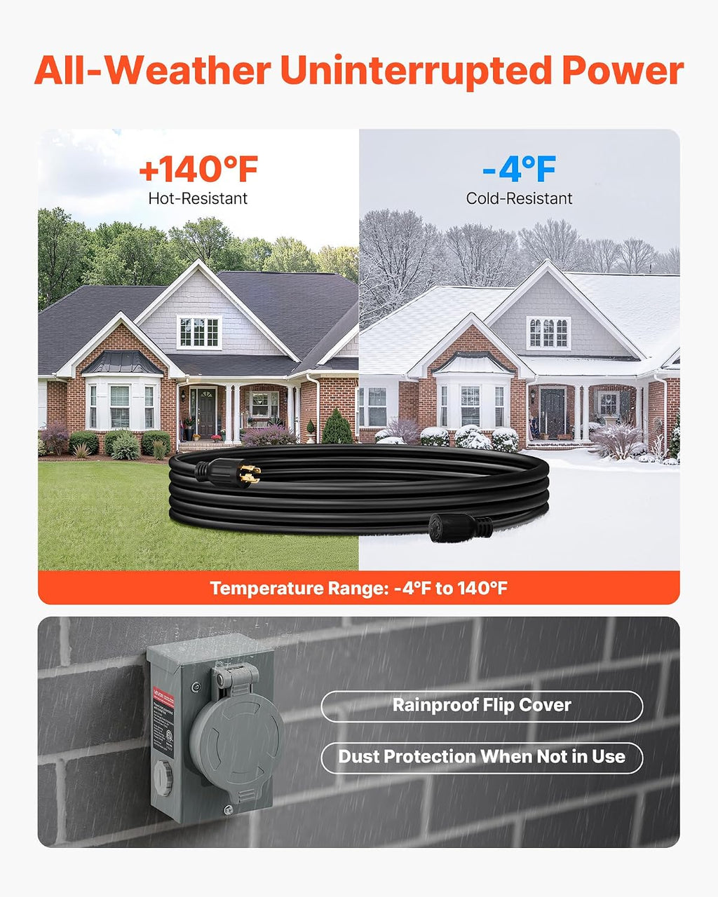 VEVOR 30 Amp Generator Cord and Power Inlet Box, 100 FT, 125/250V NEMA L14-30P to L14-30R Heavy Duty Extension Power Cord, SJTW 10AWG 7500W, Pre-Drilled Inlet Box, for Generator to House, ETL Listed