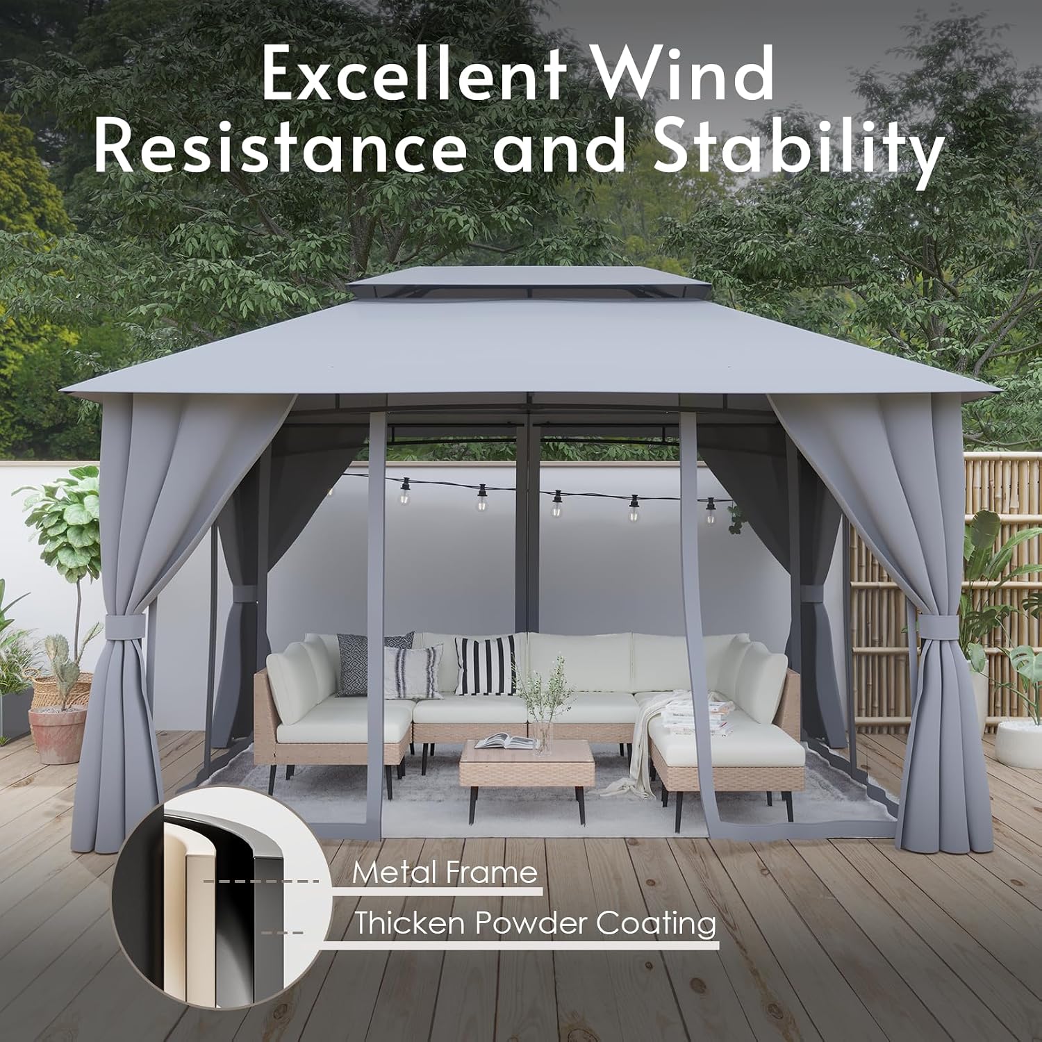 Outdoor Gazebo 10x13 with Double Roof, Patio Gazebo with Netting & Curtain Included. Trapezoidal Support System for Enhanced Stability, Perfect for Patio, Deck, Backyard