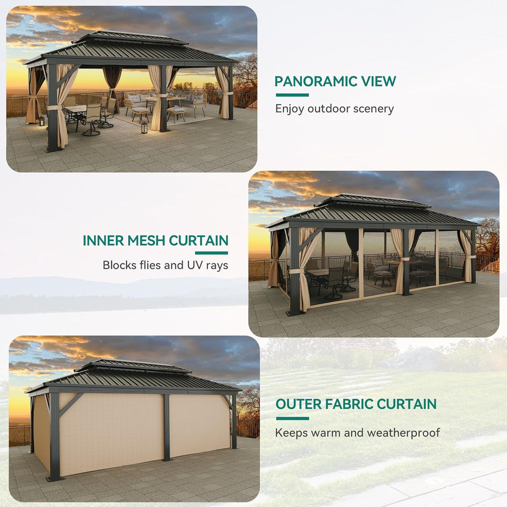 YITAHOME 12X20FT Hardtop Gazebo Double Roof Canopy Galvanized Iron 4.7X4.7'' Aluminum Pillar Garden Tent Curtains Netting for Patios Backyards Decks Lawns