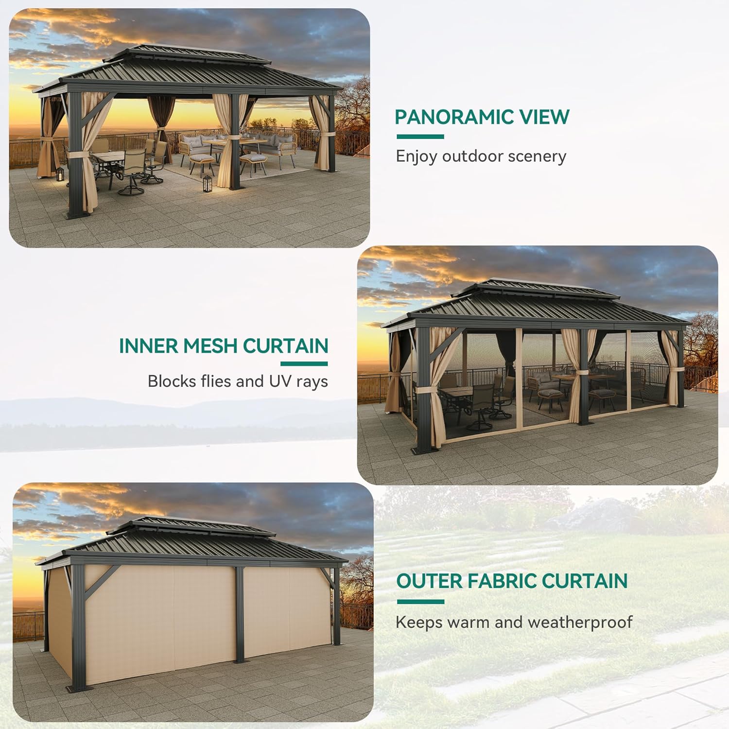 YITAHOME 12X20FT Hardtop Gazebo Double Roof Canopy Galvanized Iron 4.7X4.7'' Aluminum Pillar Garden Tent Curtains Netting for Patios Backyards Decks Lawns