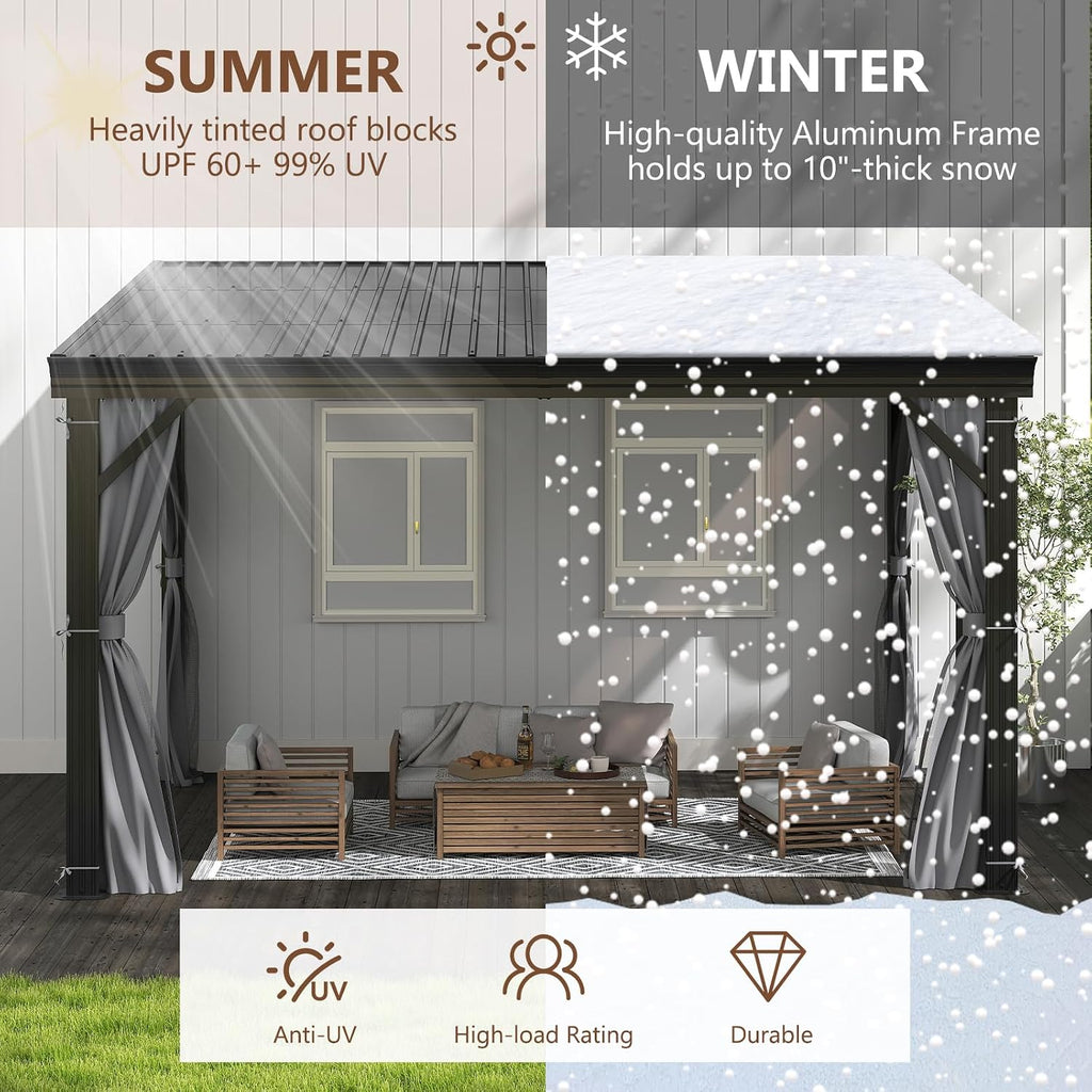 10'x12' Lean to Gazebo, Hardtop Wall Mounted Gazebo with Aluminum Frame, Slpoing Galvanized Steel Roof Wall Gazebos Pergola with Curtains and Netting for Patio,Decks, Garden and Lawn