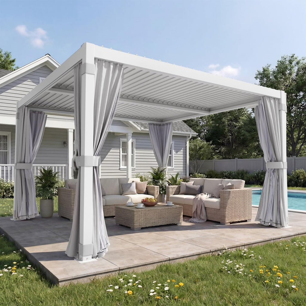 MELLCOM Louvered Pergola 12x12, Steel Aluminum Pergola with Adjustable Louvered Roofs, Outdoor Gazebo with Waterproof Curtains and Nets, White