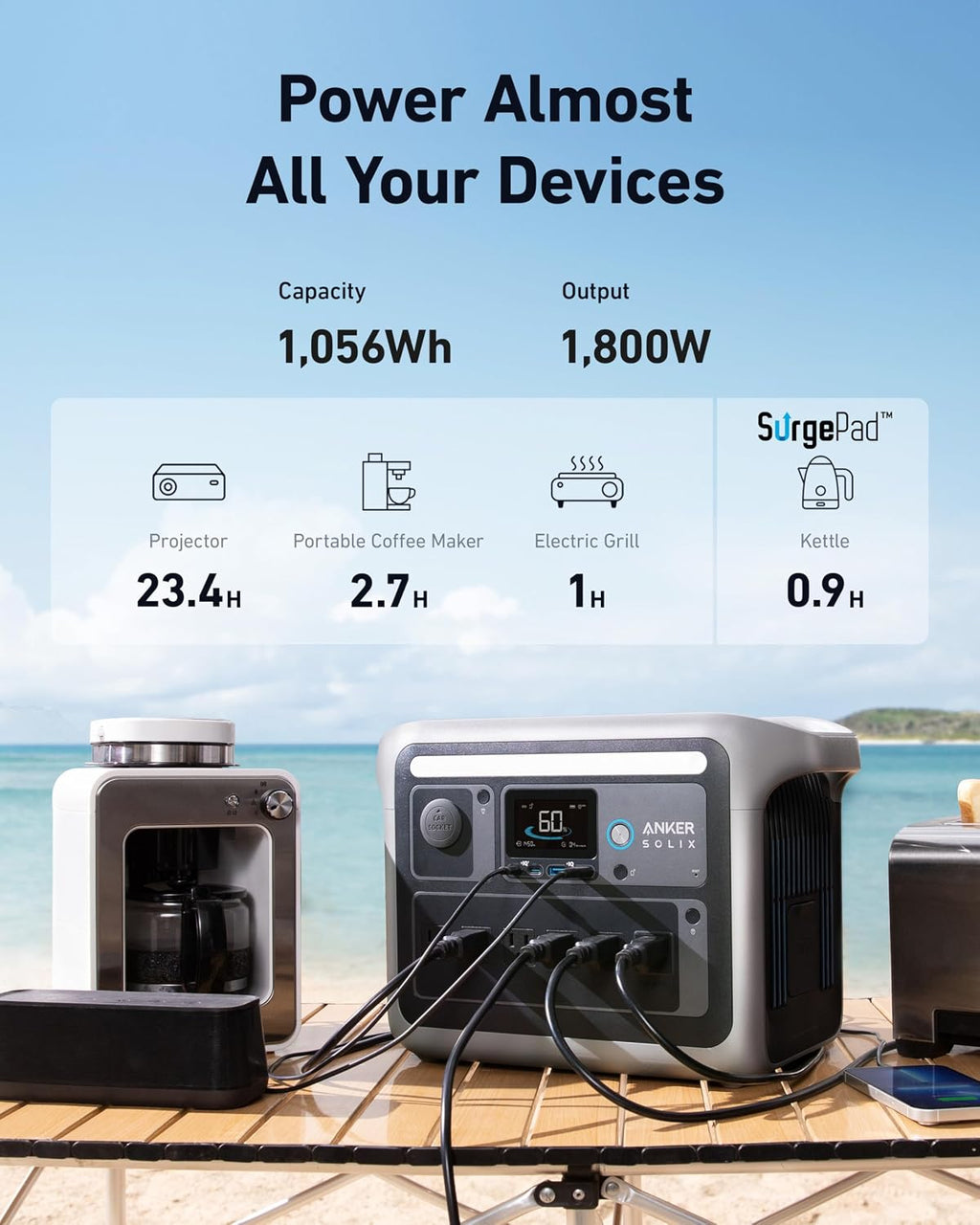 Anker SOLIX C1000 Portable Power Station with Alternator Charger, 1800W (Peak 2400W) Solar Generator, Full Charge in 58 Min, 1056wh LiFePO4 Battery for Home Backup, Power Outages, and Outdoor Camping