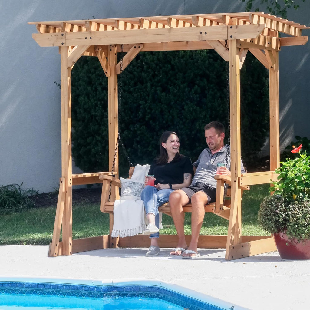 Backyard Discovery Callahan 8' x 5' Cedar Wood Outdoor Patio Pergola Swing Bench with Trellis, Two-Person Seating, Chains, Water Resistance, 600 Lb Weight Capacity for Porch, Patio, Deck, Garden