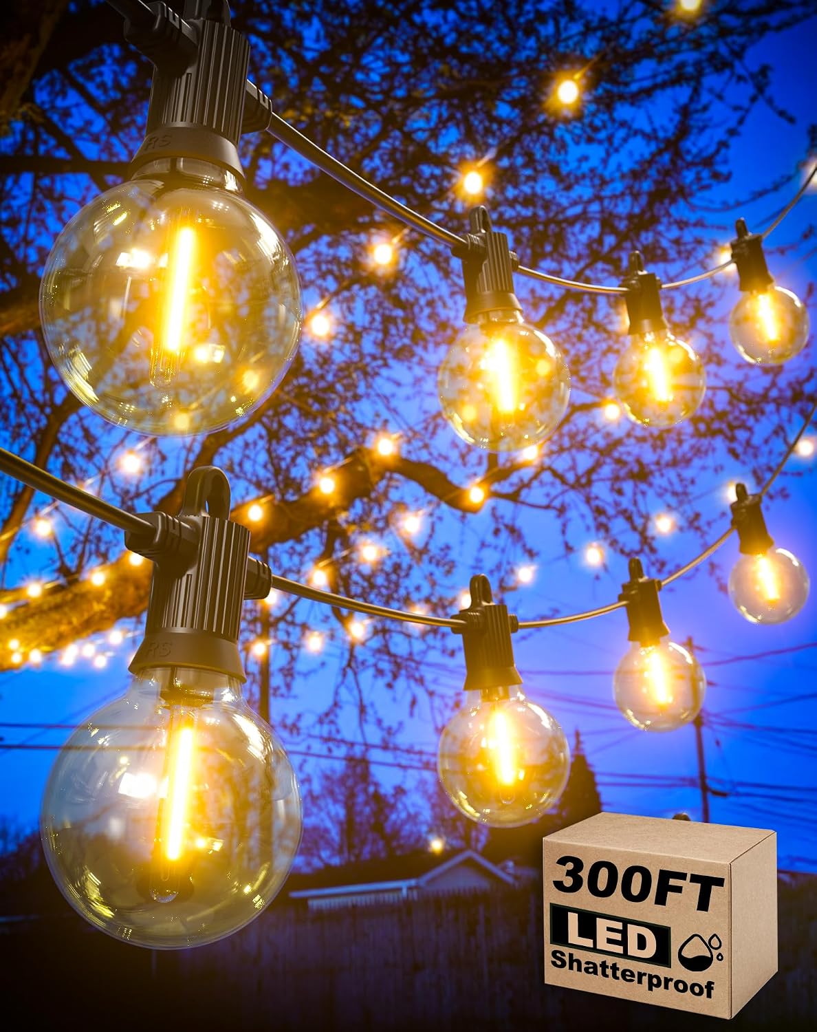Zuske Outdoor String Lights Waterproof, 300FT Patio Lights with 146 Shatterproof G40 Globe Bulbs(6 Spare), Connectable Dimmable LED Hanging String Lights for Outside Backyard Porch Balcony (150FT x 2)