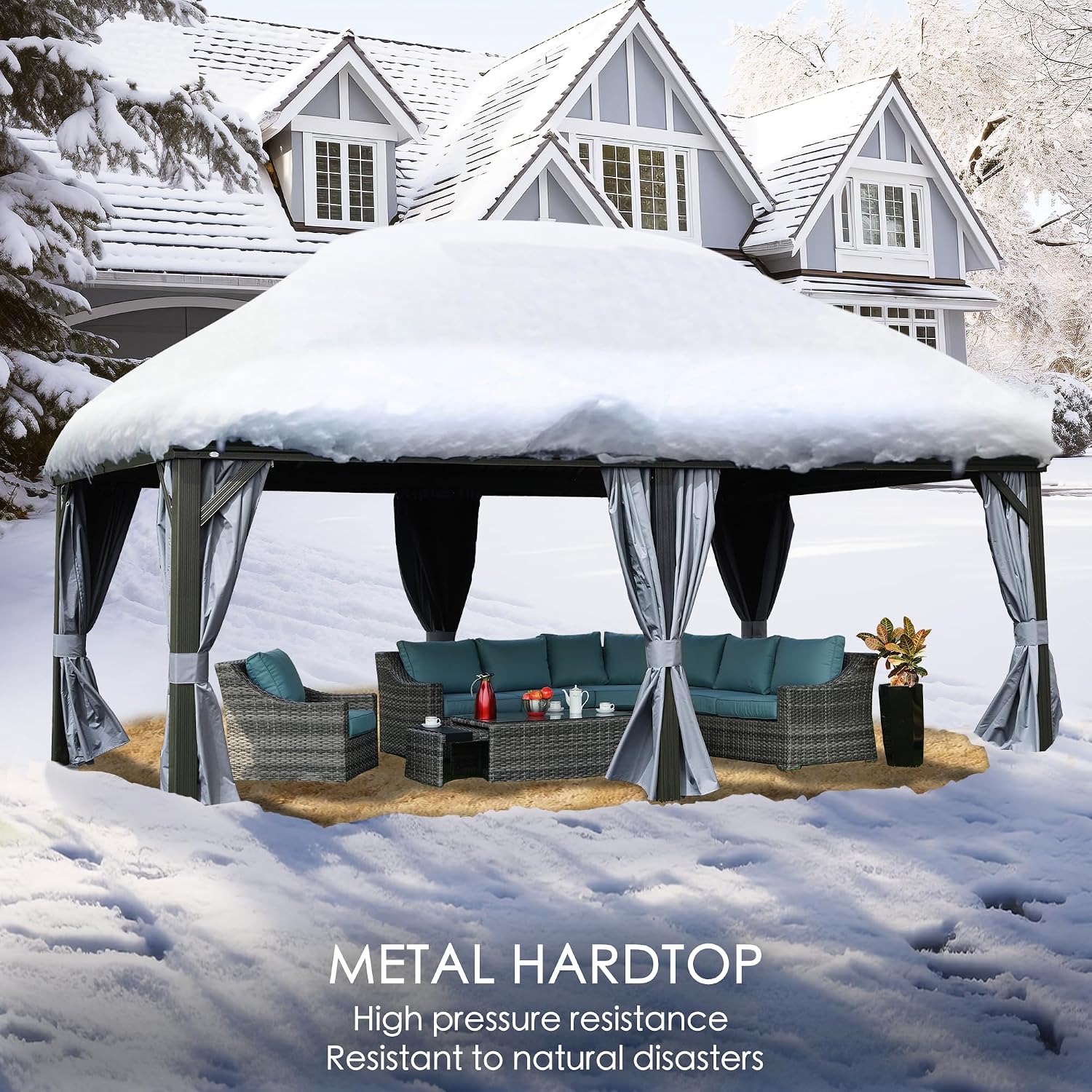 Kozyard Alexander 12' x 18' Hardtop Gazebo, Aluminum Frame with Galvanized Steel Double Roof, Outdoor Permanent Pavilion with Curtains and Netting for Patio, Backyard, Deck, Lawn(Gray)