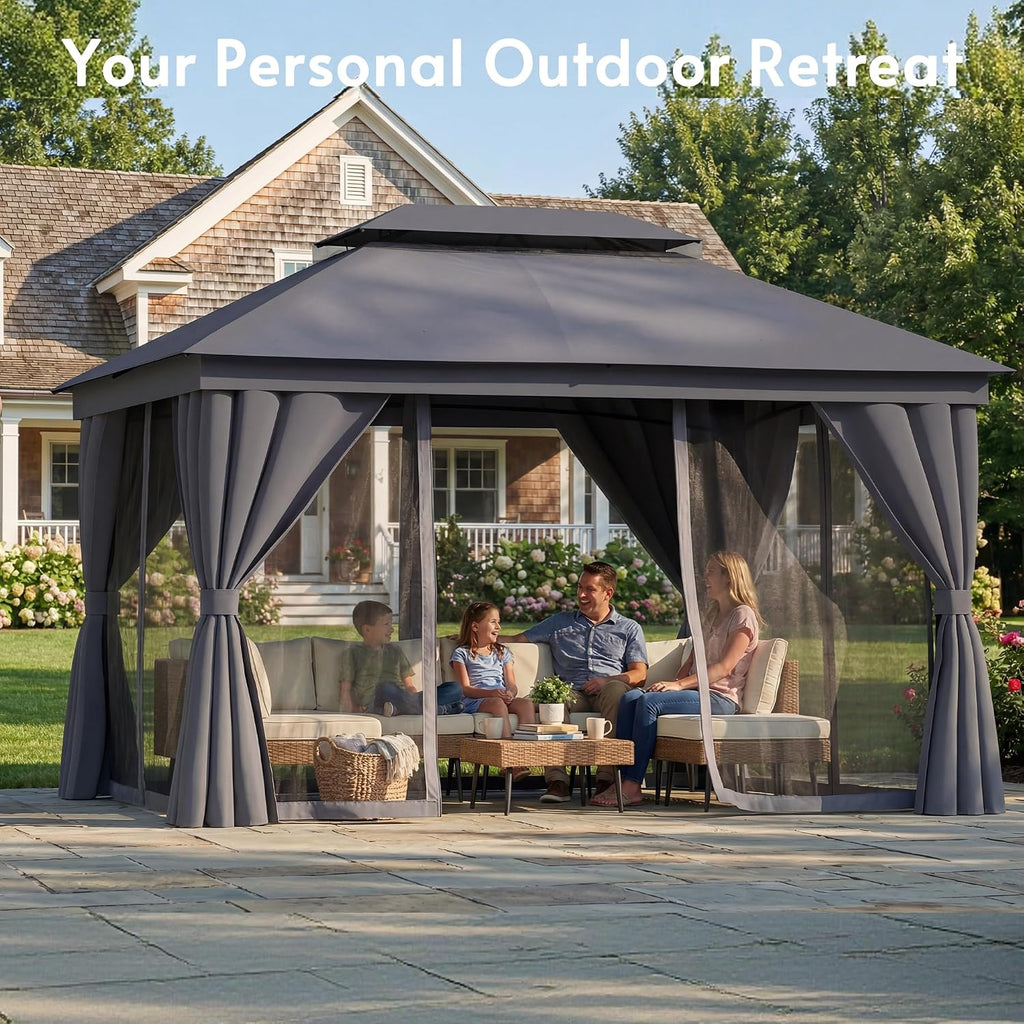 Outdoor Patio Gazebo 10x13, Heavy Duty Metal Frame Canopy Tent Shelter with Double Roof Design, Patio Gazebo with Mosquito Nettings and Privacy Screens for Backyard, Deck, Lawn, Garden