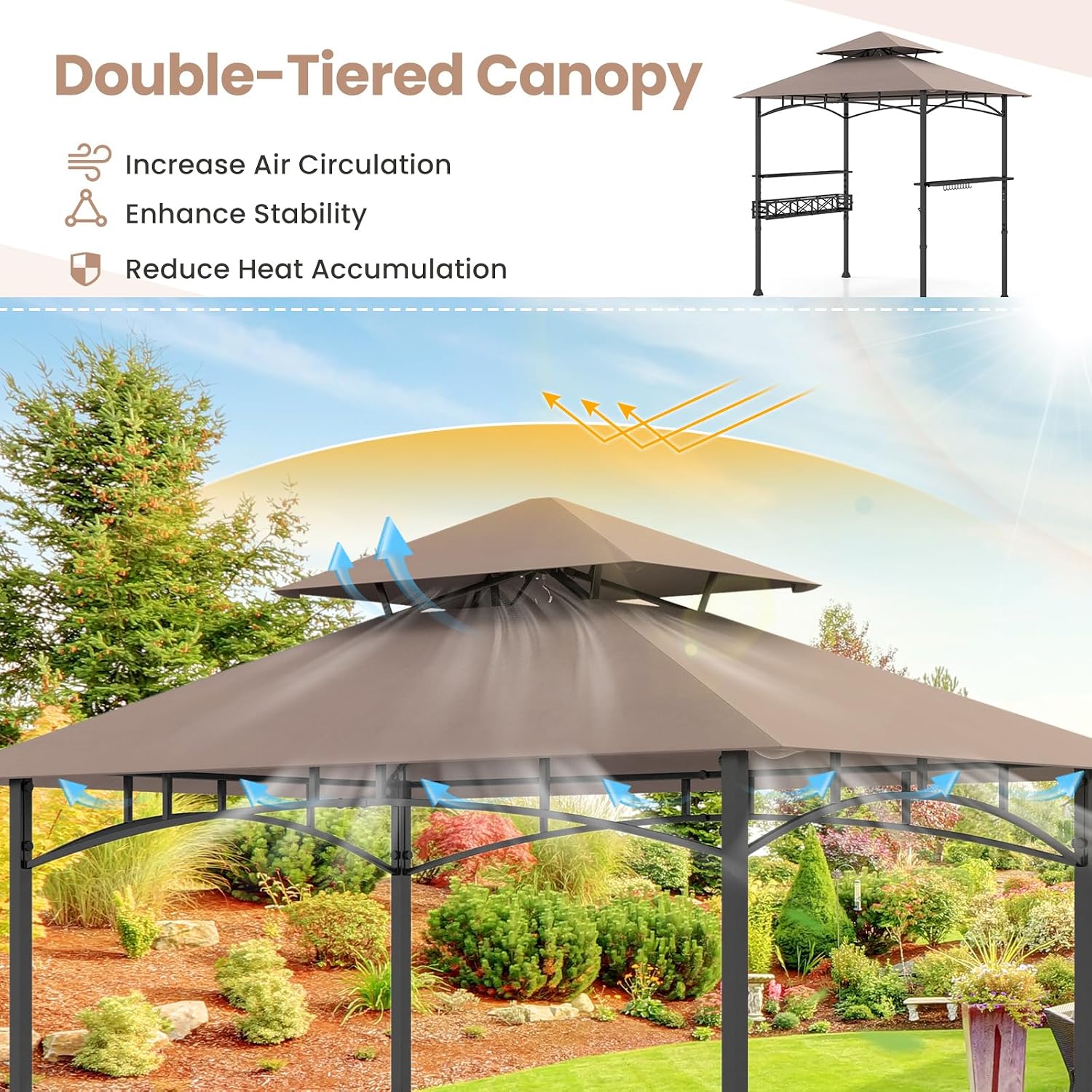 8 x 5 Ft Grill Gazebo Canopy, Double Tiered BBQ Gazebo for Outdoor Grill with 2 Side Shelf, Storage Basket, Ceiling Hook, Barbecue Bar Canopy Tent for Backyard Garden Patio Poolside (Coffee)