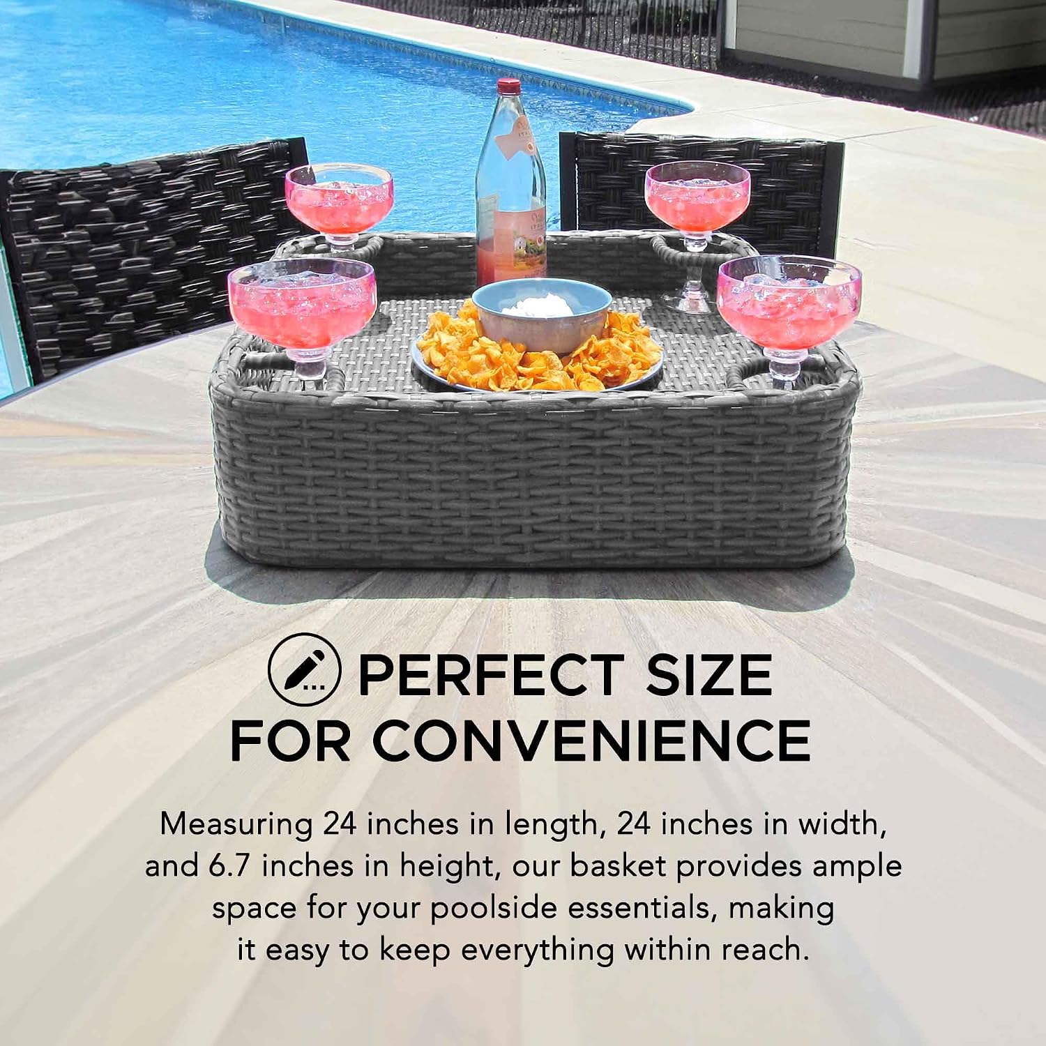 SUNJOY Floating Pool Canopy with Add-on Wicker Floating Tray 24x24 in & 36x24 in,Grey