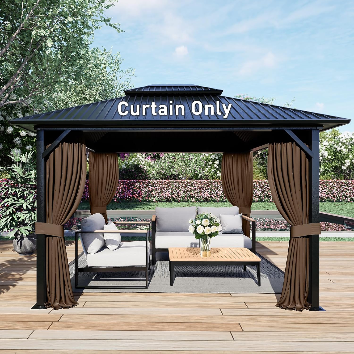 Aoodor 12x16 ft Outdoor Gazebo Curtains, 4 Panels Waterproof Privacy Sidewall Replacement with Zipper for Patio Pergola and Canopy, Brown