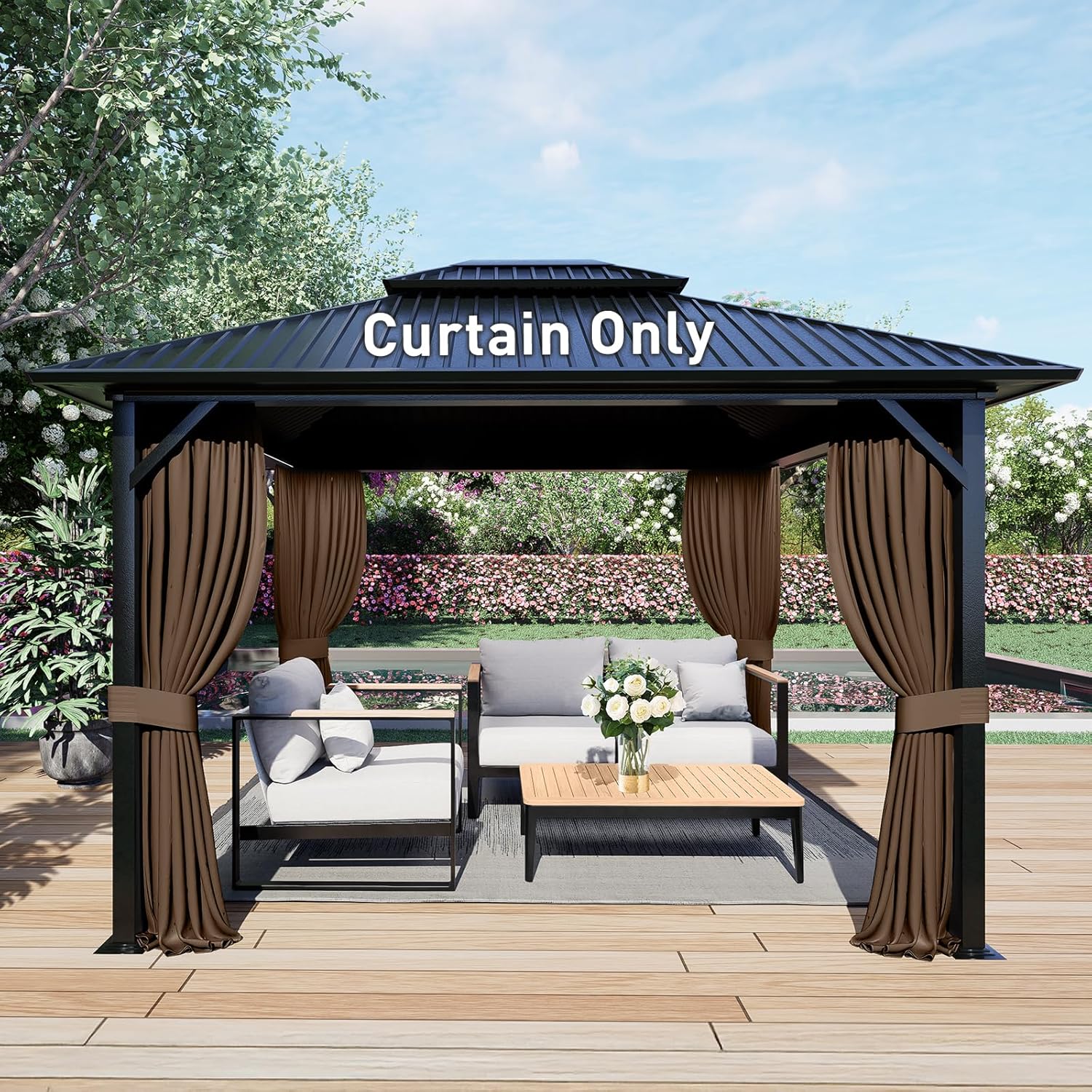 Aoodor 12x14 ft Outdoor Gazebo Curtains, 4 Panels Waterproof Privacy Sidewall Replacement with Zipper for Patio Pergola and Canopy, Brown