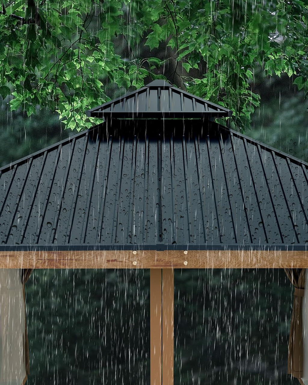 GarveeLife Hardtop Wood Gazebo 10 ft x10 ft for All Weather, with Double Metal Roof, Heavy Duty Wooden Frame, Net, and Curtain, Permanent Building for Patio, Deck, Backyard, Lawn, and Garden