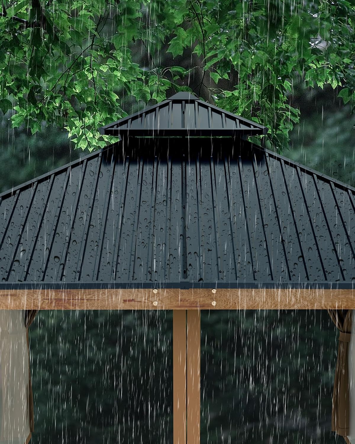 GarveeLife Hardtop Wood Gazebo 10 ft x10 ft for All Weather, with Double Metal Roof, Heavy Duty Wooden Frame, Net, and Curtain, Permanent Building for Patio, Deck, Backyard, Lawn, and Garden