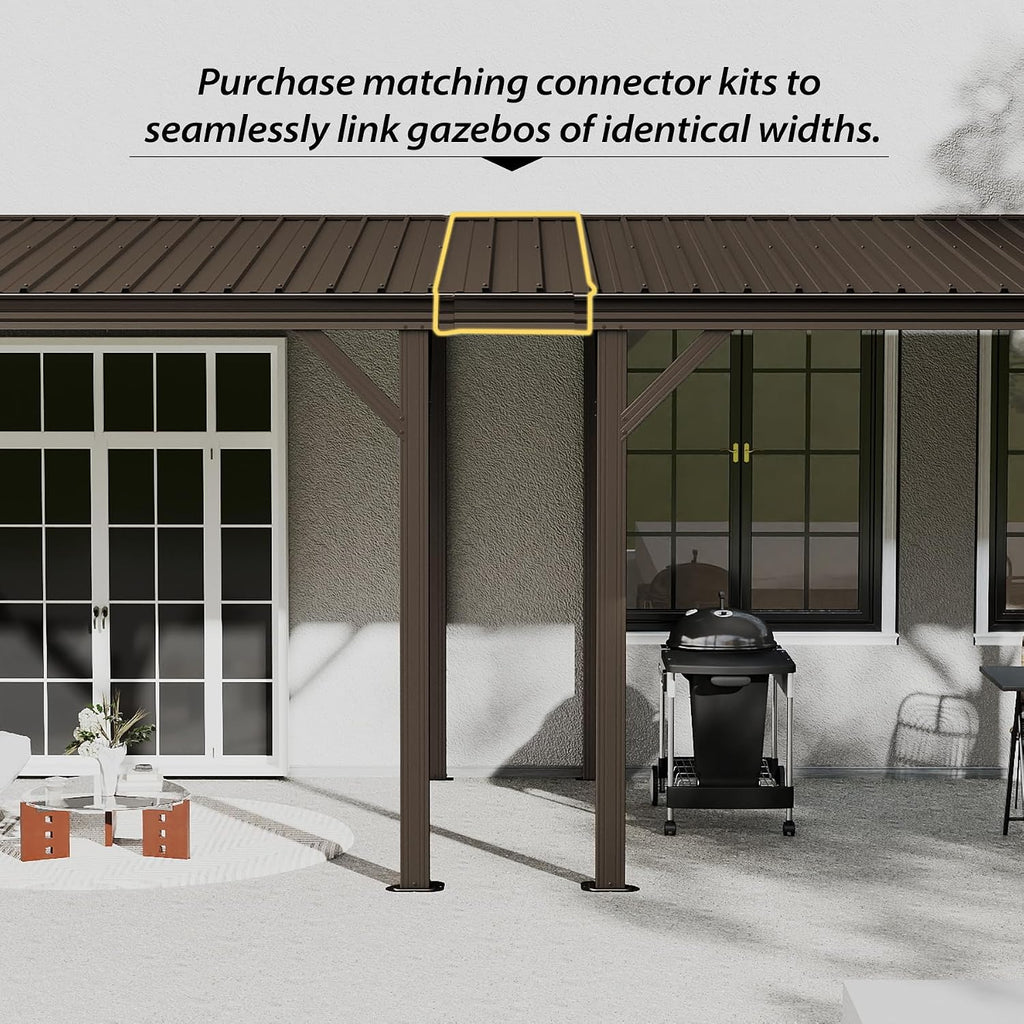 Domi 8'x8' Lean to Gazebo Hardtop, Expandable Wall Mounted Pergola with Gutters & Galvanized Steel Roof, 60MPH Wind Resistance, Outdoor Metal Heavy Duty Metal Awning for Patio, Deck, Backyard - Brown