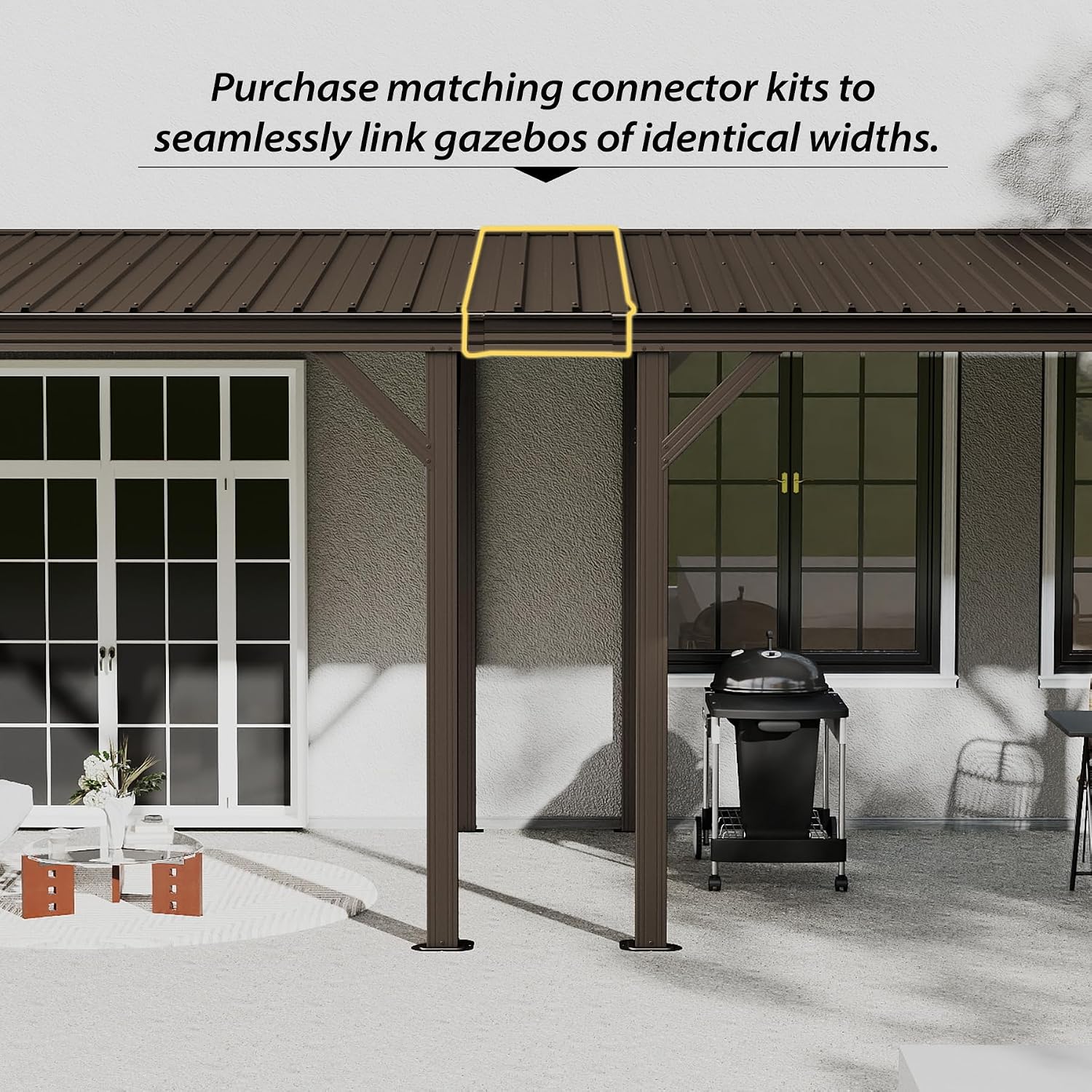 Domi 8'x8' Lean to Gazebo Hardtop, Expandable Wall Mounted Pergola with Gutters & Galvanized Steel Roof, 60MPH Wind Resistance, Outdoor Metal Heavy Duty Metal Awning for Patio, Deck, Backyard - Brown