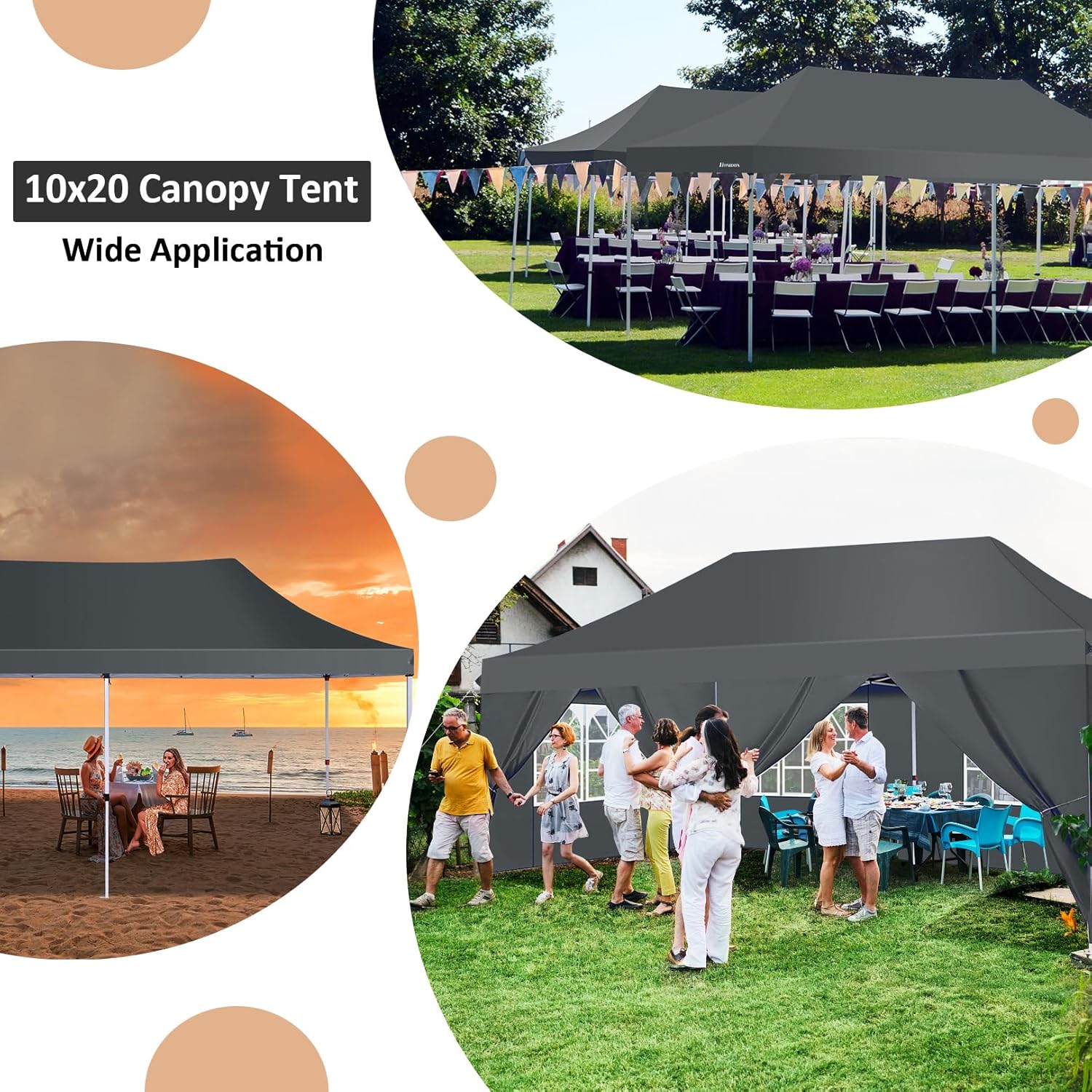 COBIZI 10x20 Pop Up Canopy with 6 Sidewalls, Conical Party Tent 10x20 with 3 Adjustable Height Waterproof, UV-Resistant with Carry Bag, Sandbag, Stake, Ropes for Parties, Commercial (Frame Upgraded)