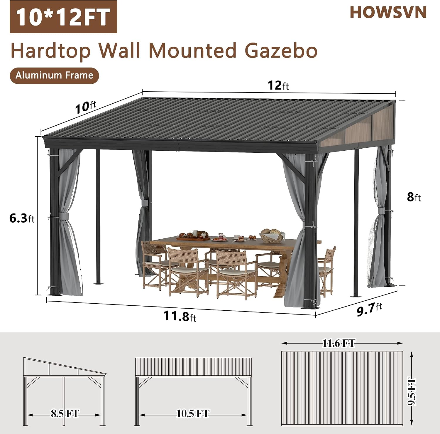 10'x12' Lean to Gazebo, Hardtop Wall Mounted Gazebo with Aluminum Frame, Slpoing Galvanized Steel Roof Wall Gazebos Pergola with Curtains and Netting for Patio,Decks, Garden and Lawn