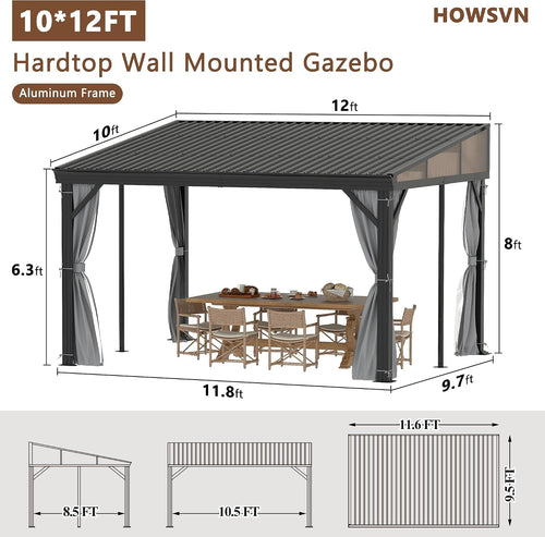 10'x12' Lean to Gazebo, Hardtop Wall Mounted Gazebo with Aluminum Frame, Slpoing Galvanized Steel Roof Wall Gazebos Pergola with Curtains and Netting for Patio,Decks, Garden and Lawn