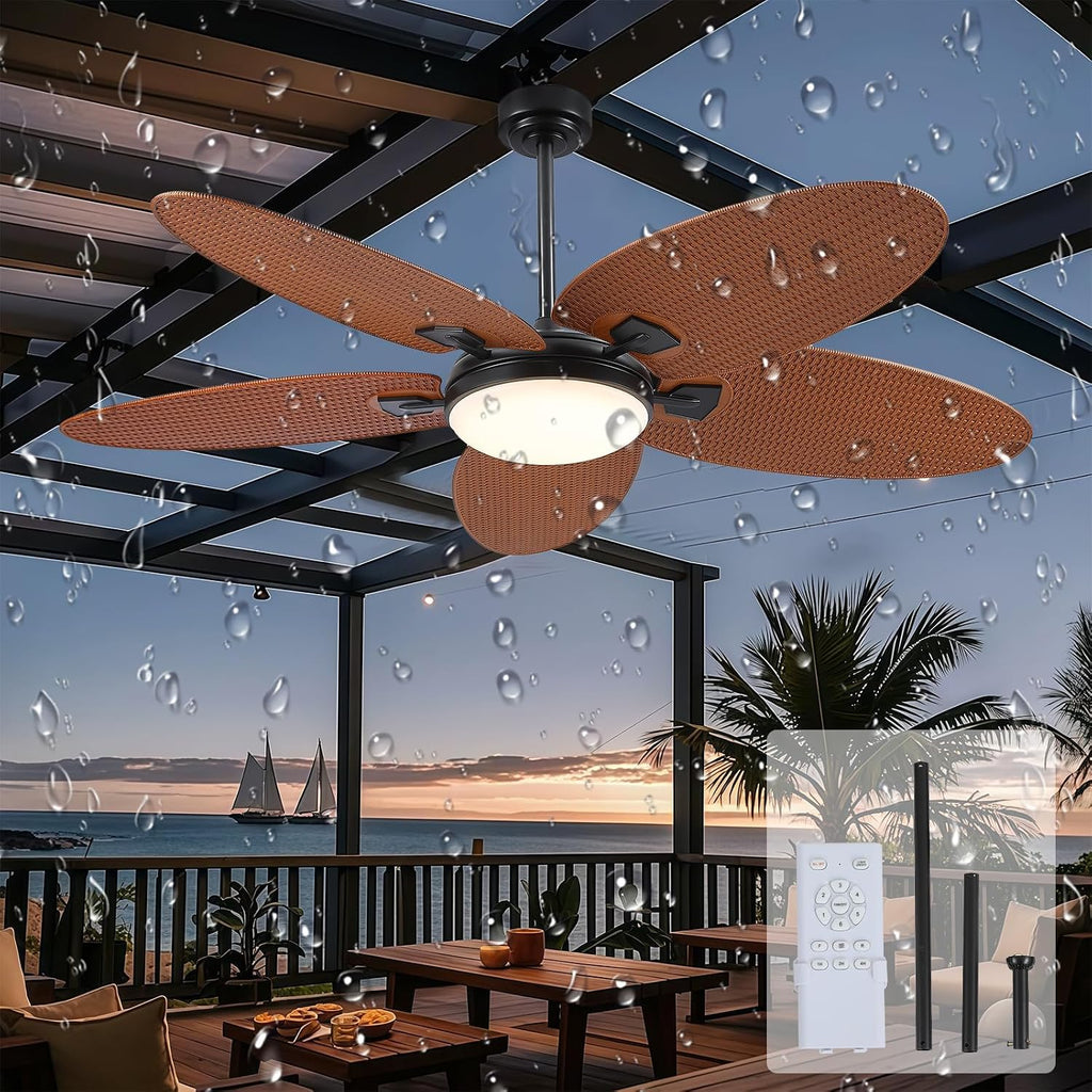 PHORUS 62' Large Waterproof Outdoor Palm Leaf Ceiling Fans with Lights and Remote,Wet Rated Tropical Ceiling Fans Light for Patios Porch Gazebo Pergola,6 Speeds Reversible