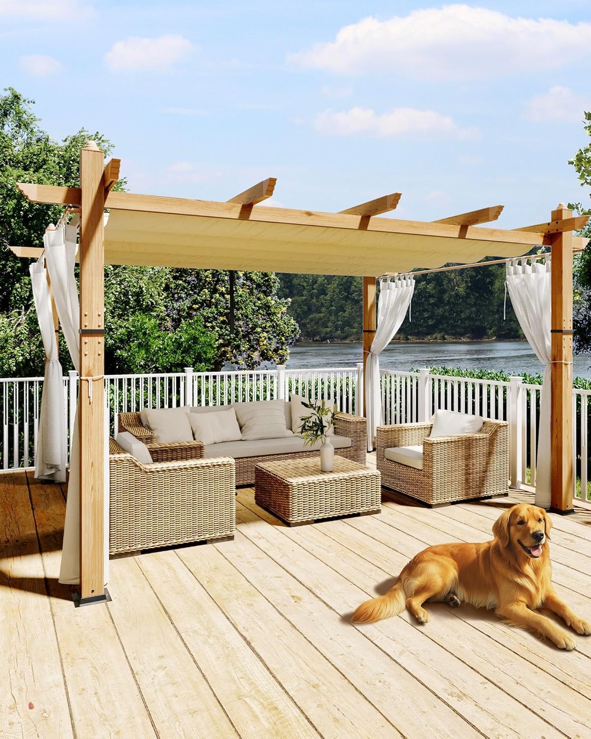 IDEALHOUSE 10 x 13 FT Patio Pergola, Aluminum Patio Gazebo with Retractable Sun Shade &Side Mesh, Metal Pergola Shelter for Backyard Deck Garden, Wood-Grain