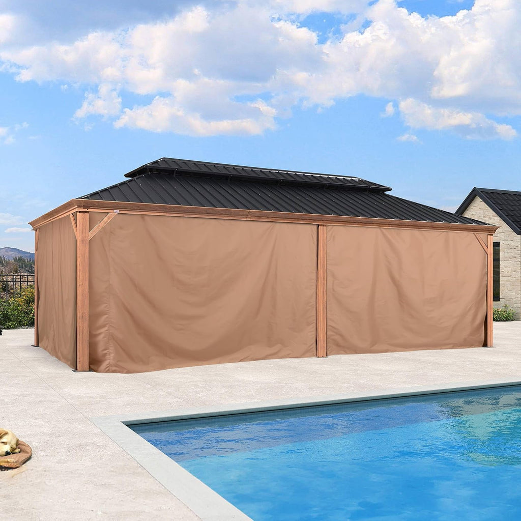 PURPLE LEAF 12' X 24' Outdoor Hardtop Gazebo for Patio Galvanized Steel Double Roof Permanent Canopy Teak Finish Coated Aluminum Frame Pavilion Gazebo with Netting and Khaki Curtains