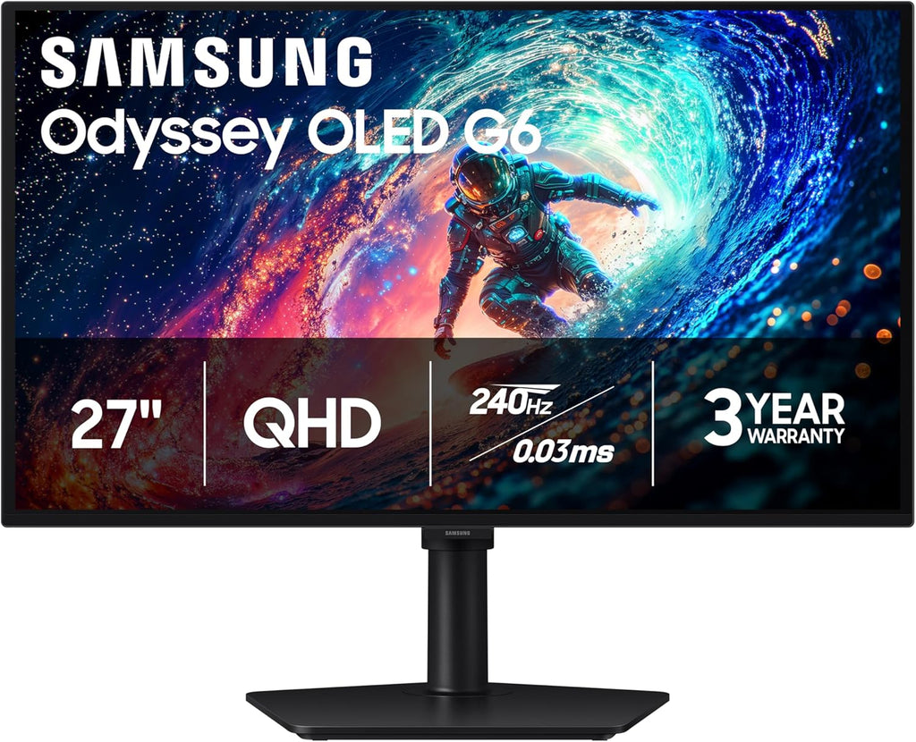 Samsung 27' Odyssey OLED G6 (G61SH) Gaming Monitor - QD-OLED, QHD (1440P), 240Hz, 0.03ms, Glare-Free, Pantone Validated, HDR10, Height-adjustable stand, OLED Safeguard, 3 Year Warranty, LS27HG612SNXZA