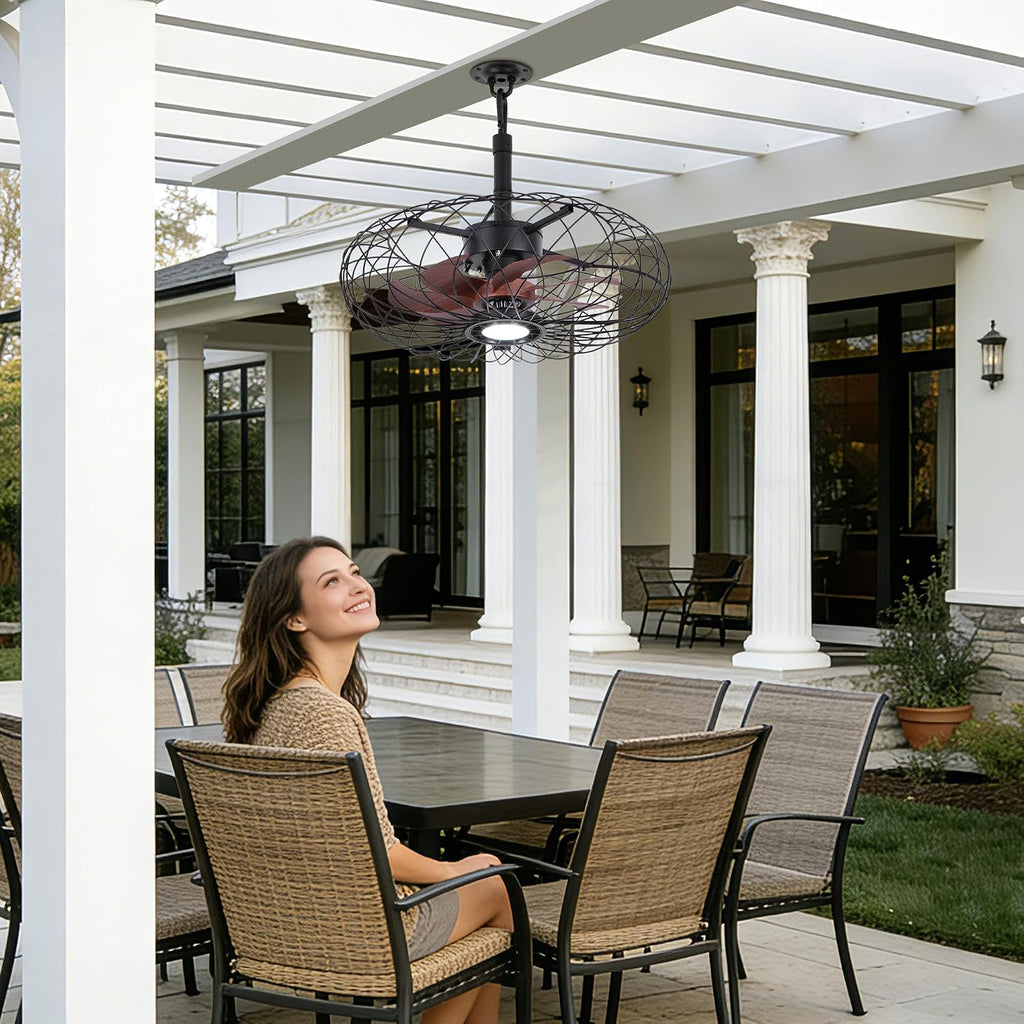 PAZALA 20' Gazebo Ceiling Fans with Lights and Remote Control, Waterproof Enclosed Caged Ceiling Fan with 3 Color LED Light, Portable Hanging Outdoor Fan with Plug in Cord Hook for Patios Black