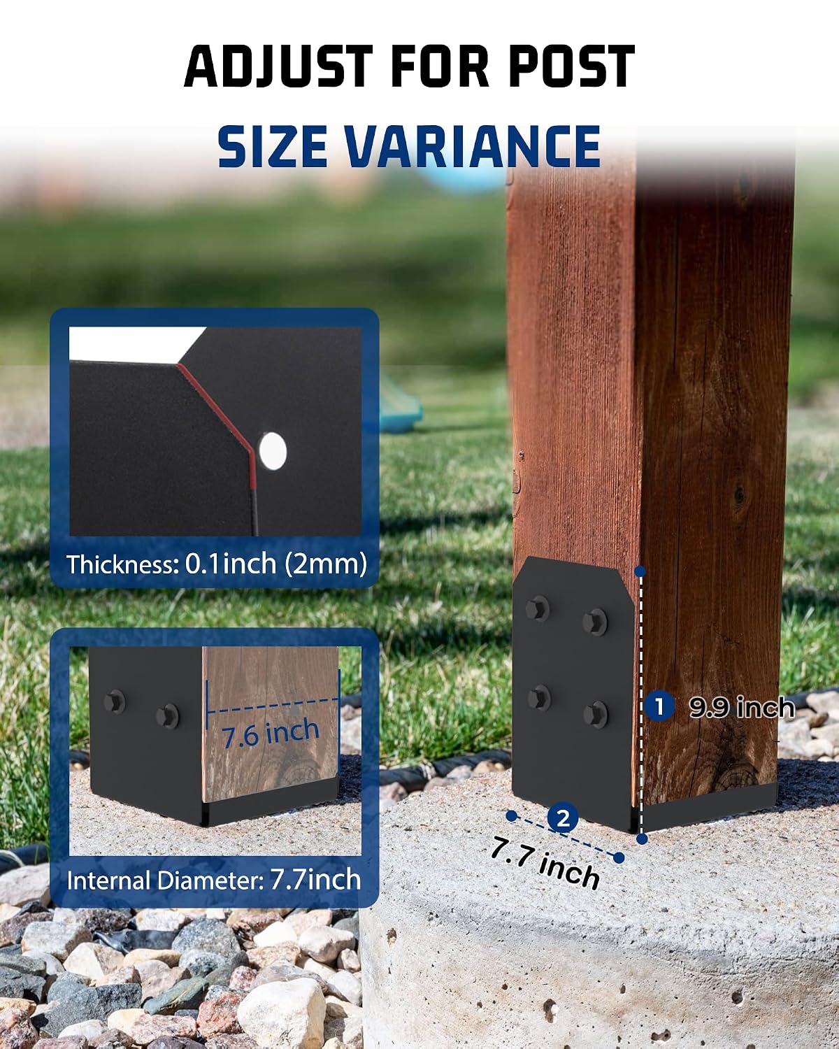 8x8 Post Base Brackets 4-Pack (7.5x7.5in Actual) - Heavy Duty Deck Post Anchor for Pergola, Gazebo, Playset - Black Powder Coated Steel with Standoff