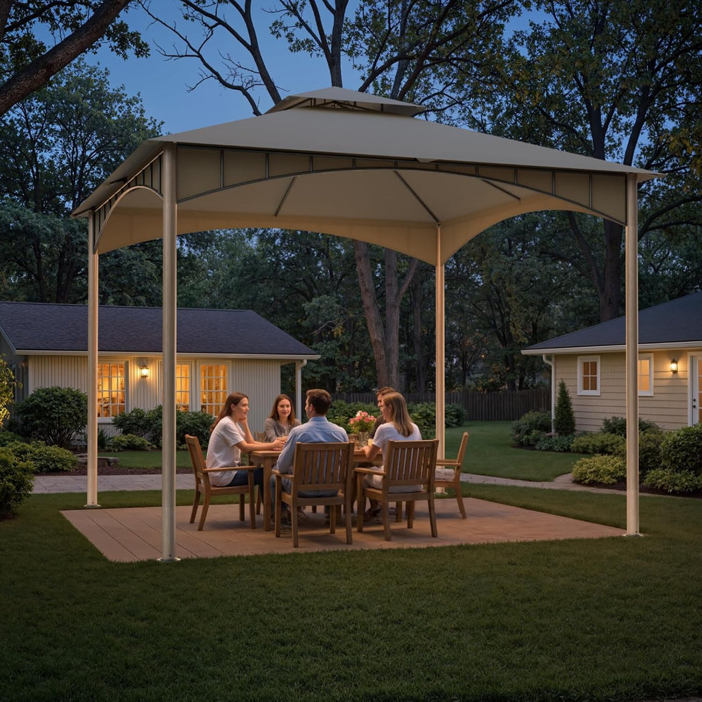 Sannwsg Outdoor Patio Gazebo 10x10 FT, Soft Top Gazebo Canopy with Double Roof, Metal Frame, for Backyard, Deck & Lawn, Wood Grain Posts