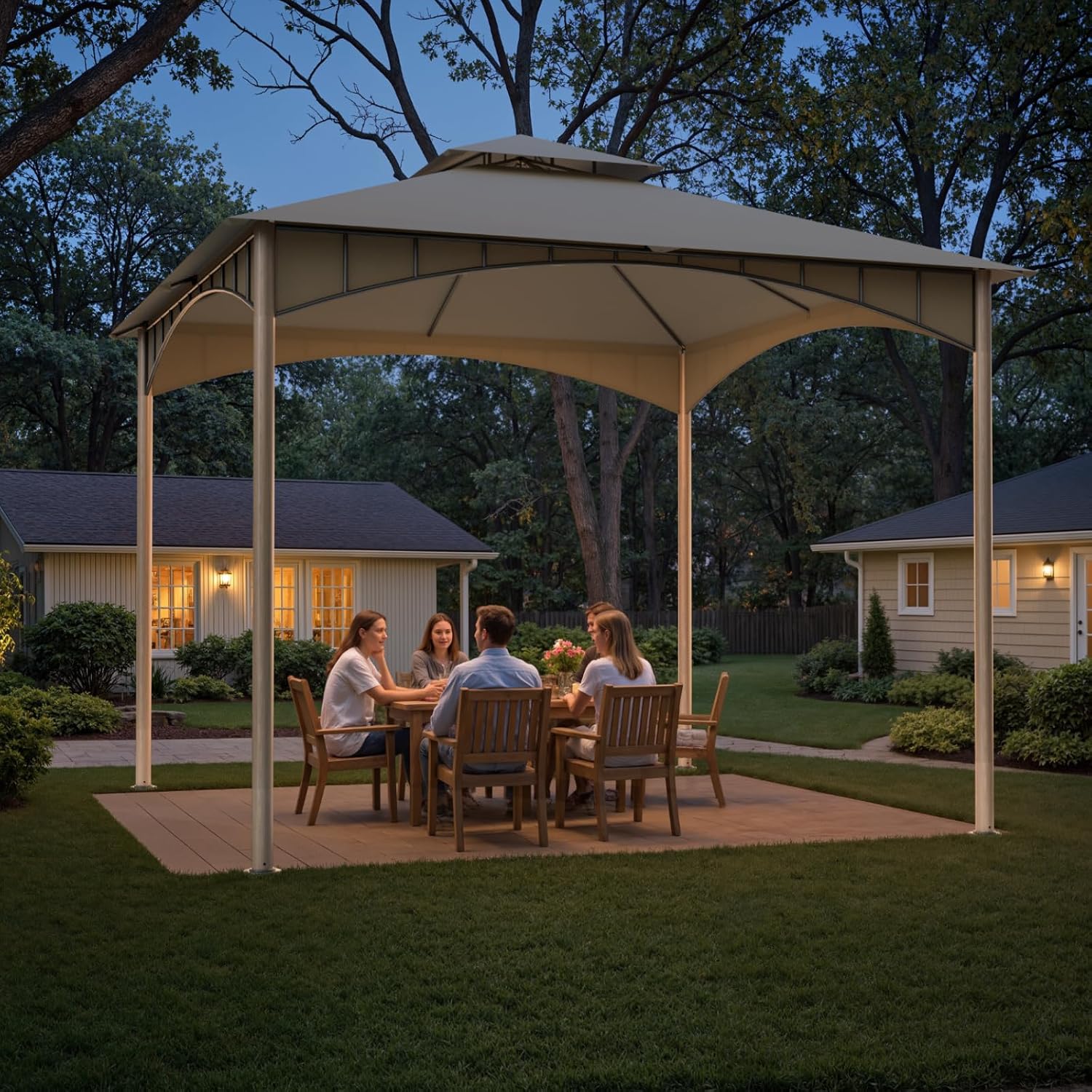 Sannwsg Outdoor Patio Gazebo 10x10 FT, Soft Top Gazebo Canopy with Double Roof, Metal Frame, for Backyard, Deck & Lawn, Wood Grain Posts