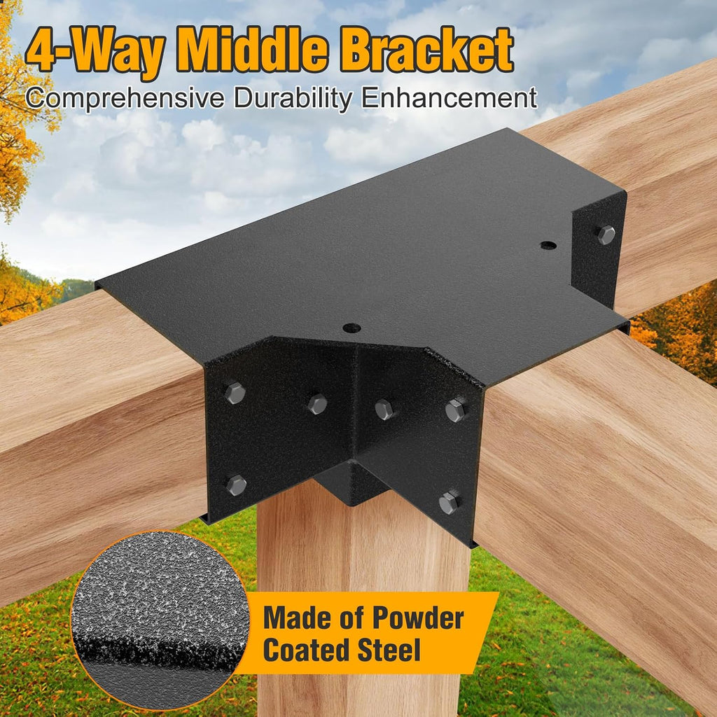 Eapele Pergola Kits with 3-Way/4-Way Corner Brackets and DIY Post Base for 4'x 4' Lumber(Inner 3.65x3.65), Powder Coated Steel Made for Gazebos, Patio Pergolas, Log Cabin Outdoor Pergola Hardware