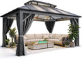 YITAHOME 10x12FT Hard-Top Gazebo Double Roof Canopy Outdoor with Netting and Shaded Curtains, Aluminum Frame Polycarbonate Hardtop Garden Tent for Patio, Backyard, Deck and Lawns, Gray
