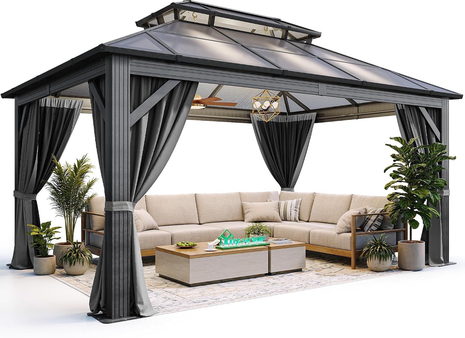 YITAHOME 10x12FT Hard-Top Gazebo Double Roof Canopy Outdoor with Netting and Shaded Curtains, Aluminum Frame Polycarbonate Hardtop Garden Tent for Patio, Backyard, Deck and Lawns, Gray