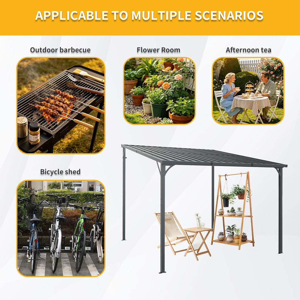 Patio Lean to Gazebo with Galvanized Steel Roof, 10x10 FT Outdoor Metal Wall-Mounted Pergola for Garden, Lawn, Poolside, Backyard Deck
