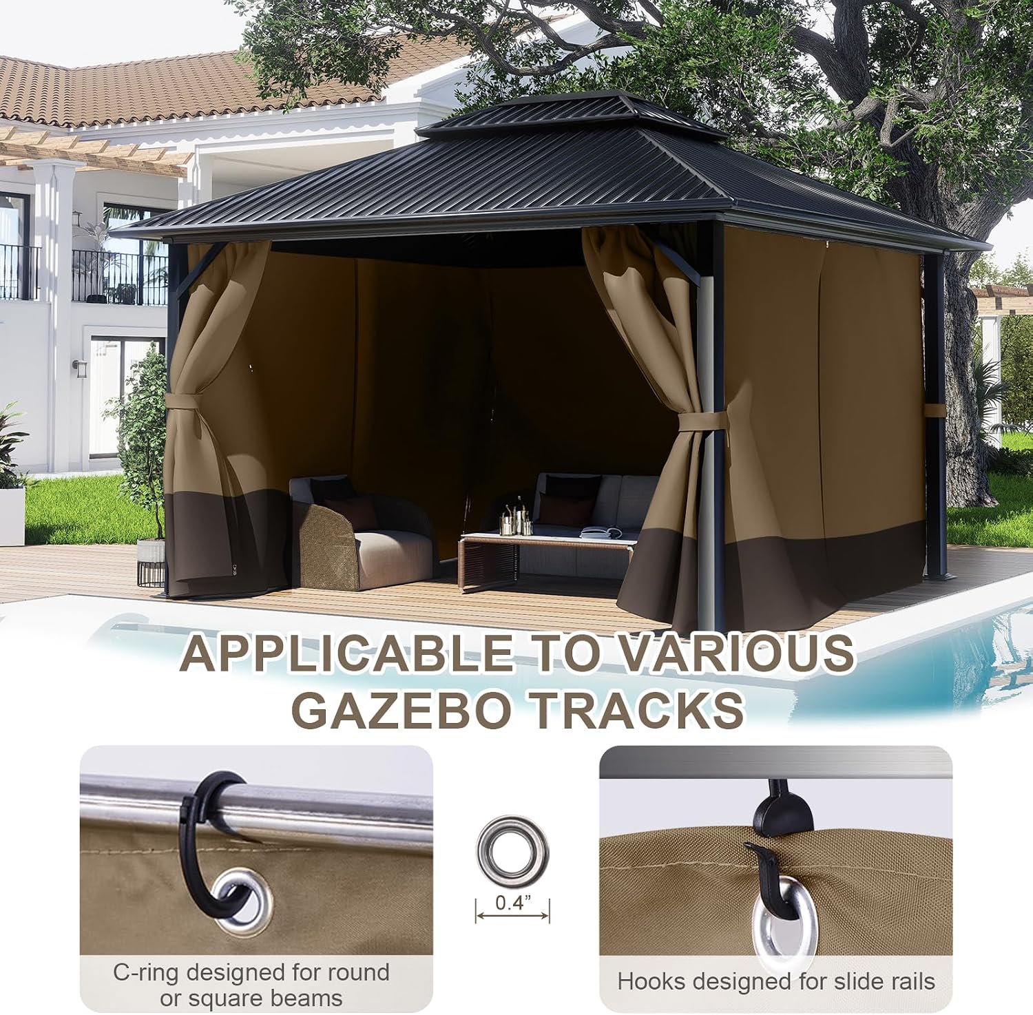 BPS 12' x 14' Gazebo Privacy Curtains with Double Zipper, 4-Panels Side Wall Universal Gazebo Side Panels Replacement for Patio, Outdoor Canopy, Garden and Backyard (Curtain Only)