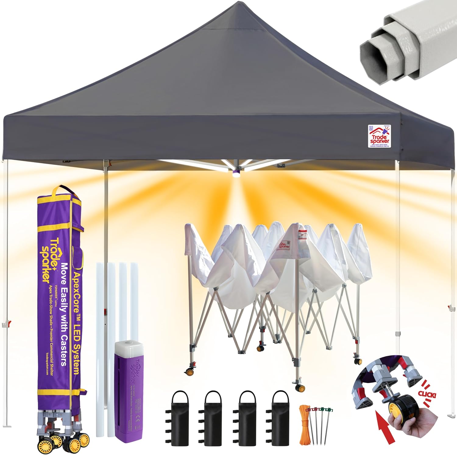 Tradesparker 10x10 Pop Up Canopy Tent,Commercial Movable Canopy with ApexCore LED&Rugged Casters-Instant Easy Setup Shelter Canopies with Weight Bags&Stakes for Outdoor Events Markets Vendors,Grey