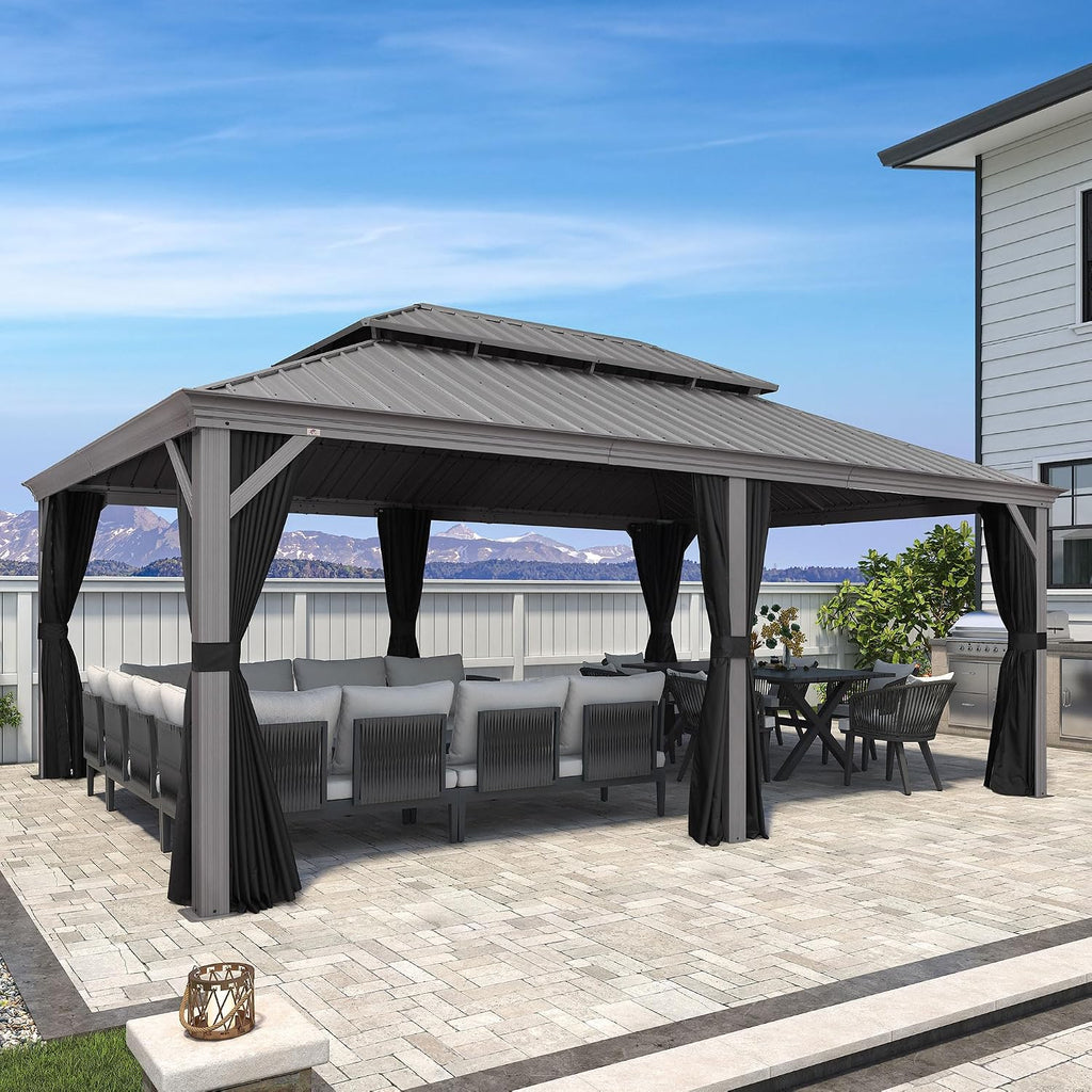 PURPLE LEAF 14' x 20' Outdoor Hardtop Gazebo with Netting and Curtains Galvanized Steel Double Roof and Aluminum Frames Permanent Wind Resistance Pavilion Gazebo for Patio Deck Garden, Light Grey