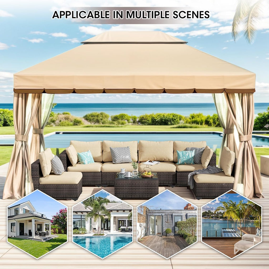 Generic 10'x13' Outdoor Patio Gazebo,Heavy Duty Party Tent & Shelter with Double Roofs, Mosquito Nettings and Curtains for Backyard, Patio, Deck, Parties, Garden, Lawn Beige
